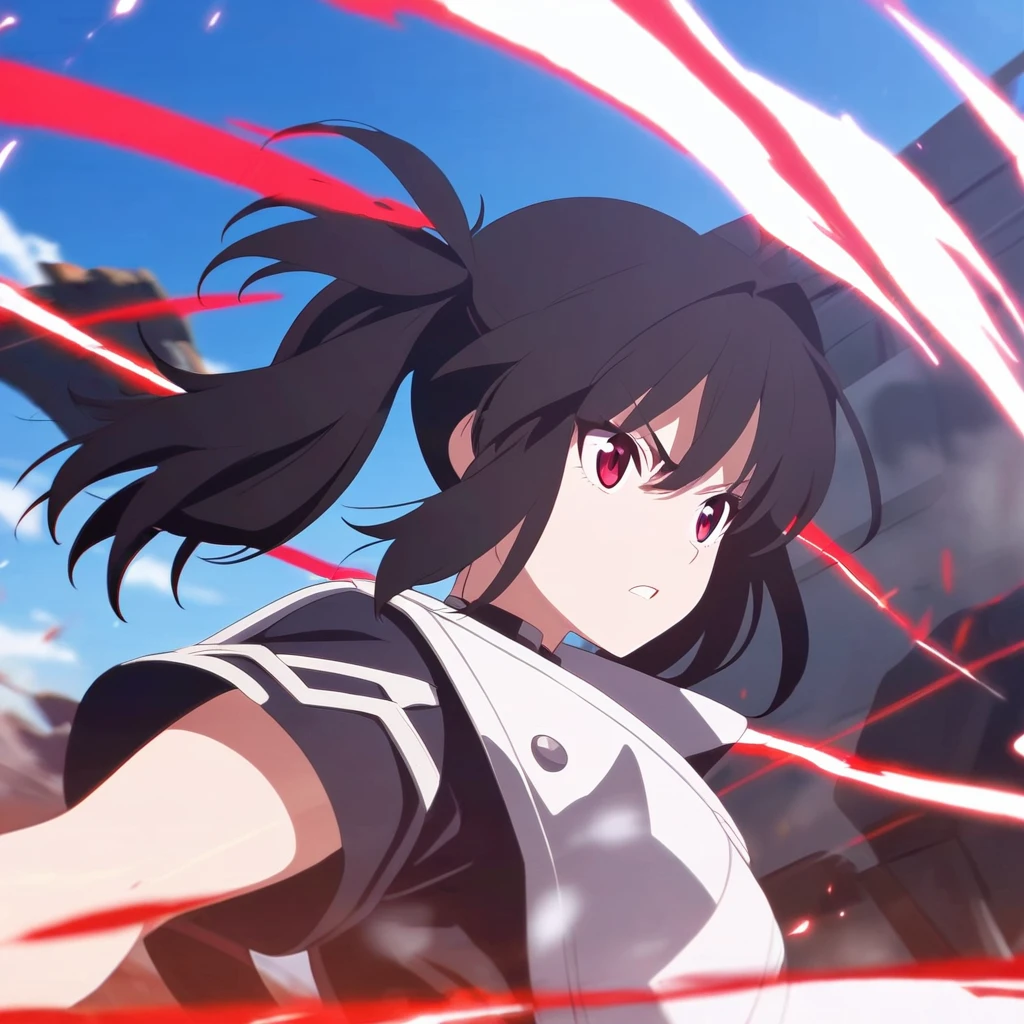 girl, anime, warrior, short hair with red and blue lines, pretty eyes, black hair, full leather, YOUNG, with a fringe in front, epic, with pigtails, warrior clothing