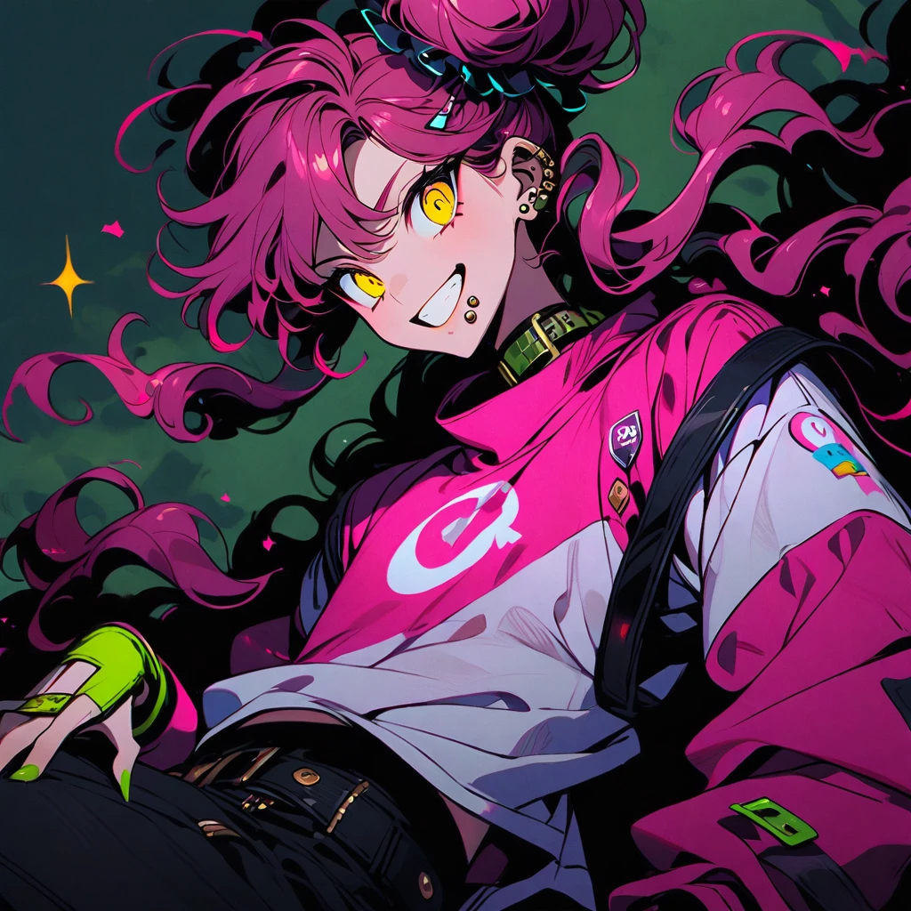 (well done: 1) man, dark pink long curly hair tied in a bun, yellow eyes, mouth piercing, green bracelet, green nails, white t-shirt with a symbol in the middle, pink jacket, black pants, high boots.