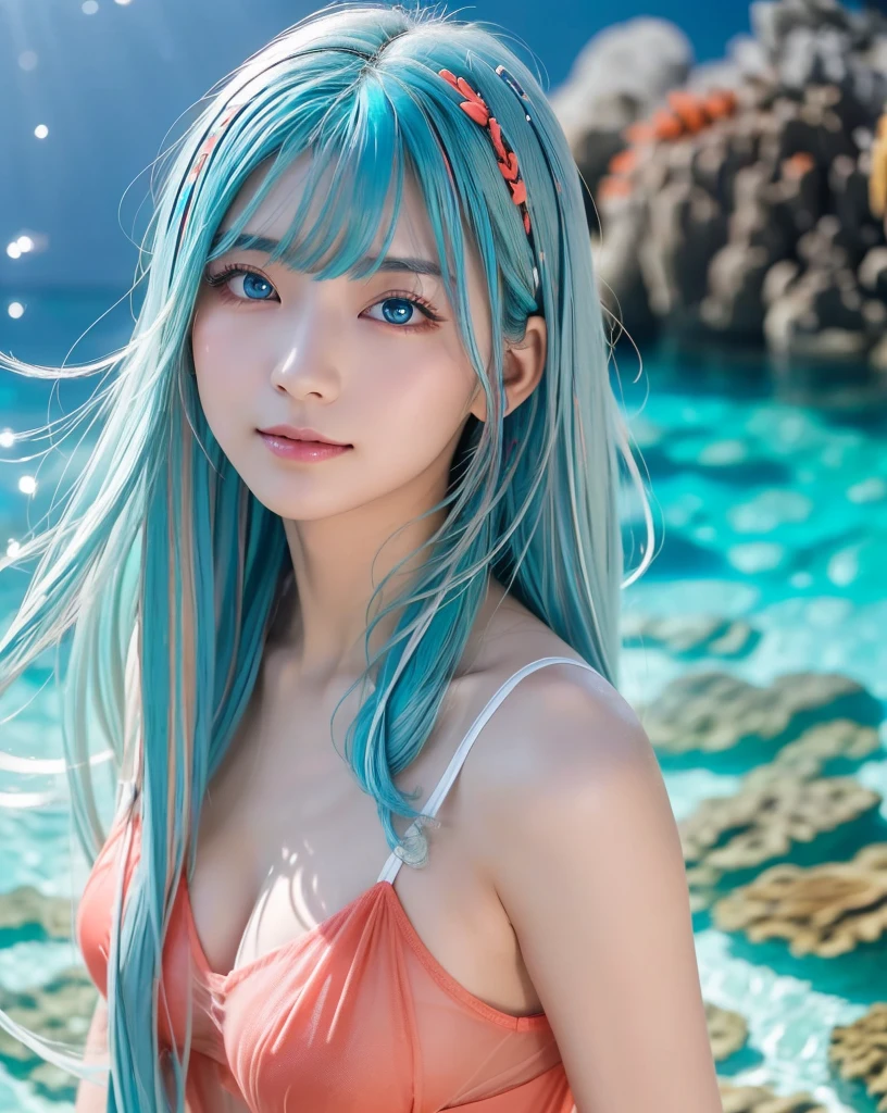 (Highest quality, 32k, High resolution, Masterpiece:1.5, ), marimo_jet, god々A photograph with brilliant dazzling and healing power., Evoking a sense of calm and elusive beauty, Expressing emotions, Have a rich imagination, The road to the horizon, Nostalgic scenery of youth, Beautiful Japanese Girls, ((Low - Angle:1.4)), An exceptionally beautiful face, Small Face Beauty, Perfect Human Anatomy, Magical big eyes, Motherhood and generosity, Deep Love, fleeting smile, ((Shiny light blue hair:1.4)), Super long straight silk hair swaying in the wind, Asymmetrical bangs, Hair between the eyes, Transparent, soft white skin, Sharp eyebrows, Thin lashes, Natural Makeup, Cheek highlighter, Lips with fine detail, (Pastel floral bikini:1.4), High resolutionの完璧な鎖骨, High resolutionの美しい胸元, Slim figure with ample breasts, High resolutionの美しい太もも, ((Beautifully detailed skies:1.2)), ((in front of a big rock:1.3)), Professional photographer, Professional Lighting, Professional models, god秘的