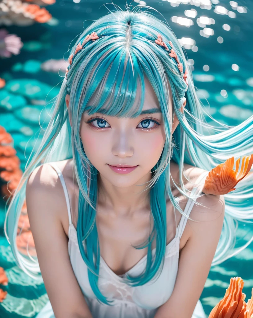 (Highest quality, 32k, High resolution, Masterpiece:1.5, ), marimo_jet, god々A photograph with brilliant dazzling and healing power., Evoking a sense of calm and elusive beauty, Expressing emotions, Have a rich imagination, Beautiful Japanese Girls, ((In the seaを泳ぐ:1.4)), An exceptionally beautiful face, Small Face Beauty, Perfect Human Anatomy, Magical big eyes, Motherhood and generosity, Deep Love, fleeting smile, ((Shiny light blue hair:1.4)), Super long straight silk hair swaying in the wind, Asymmetrical bangs, Hair between the eyes, Transparent, soft white skin, Sharp eyebrows, Thin lashes, Natural Makeup, Cheek highlighter, Lips with fine detail, (White see-through camisole:1.4), High resolutionの完璧な鎖骨, High resolutionの美しい胸元, Slim figure with ample breasts, High resolutionの美しい太もも, ((In the sea:1.2)), ((Vibrant coral reefs and tropical landscapes:1.3)), Professional photographer, Professional Lighting, Professional models, god秘的