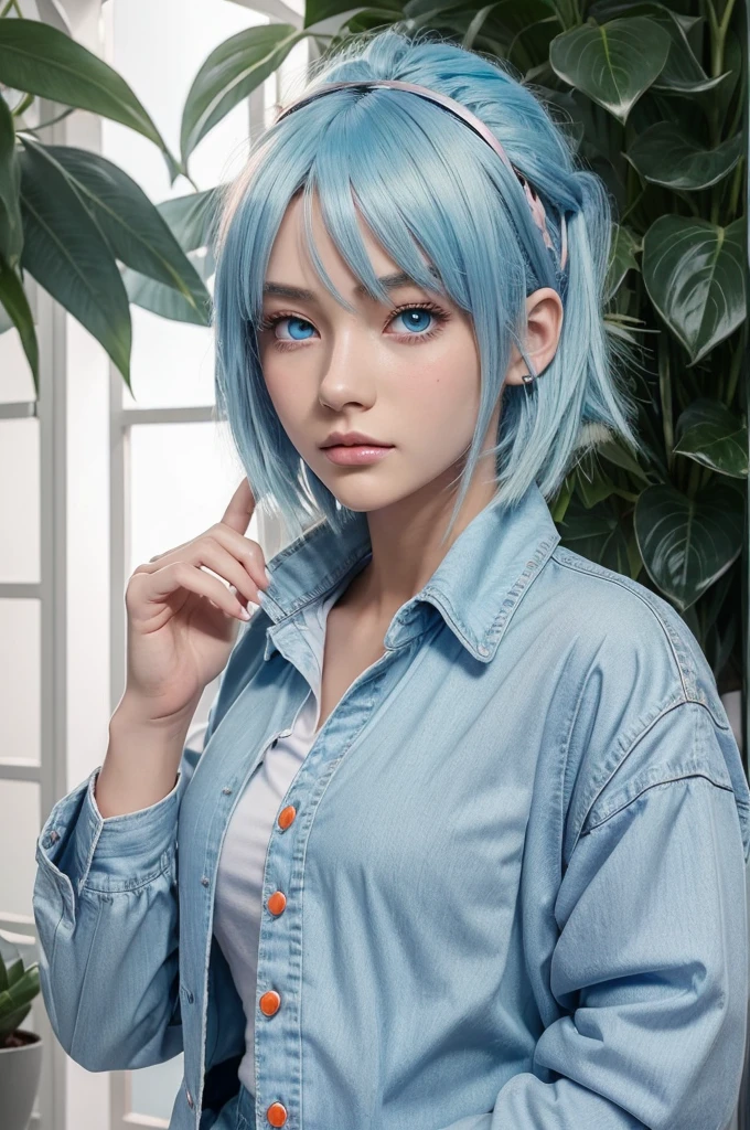 ((best quality)), ((masterpiece)), (detailed), perfect face, anime style, 2d, 1 boy , well built, light blue hair , one dark blue and one light blue eye , fake light pink skin, light dragon scale near cheeks 90's aesthetic clothes white shirt and blue plant's with blue  jacket with light orange design's make it like manhwa charcter