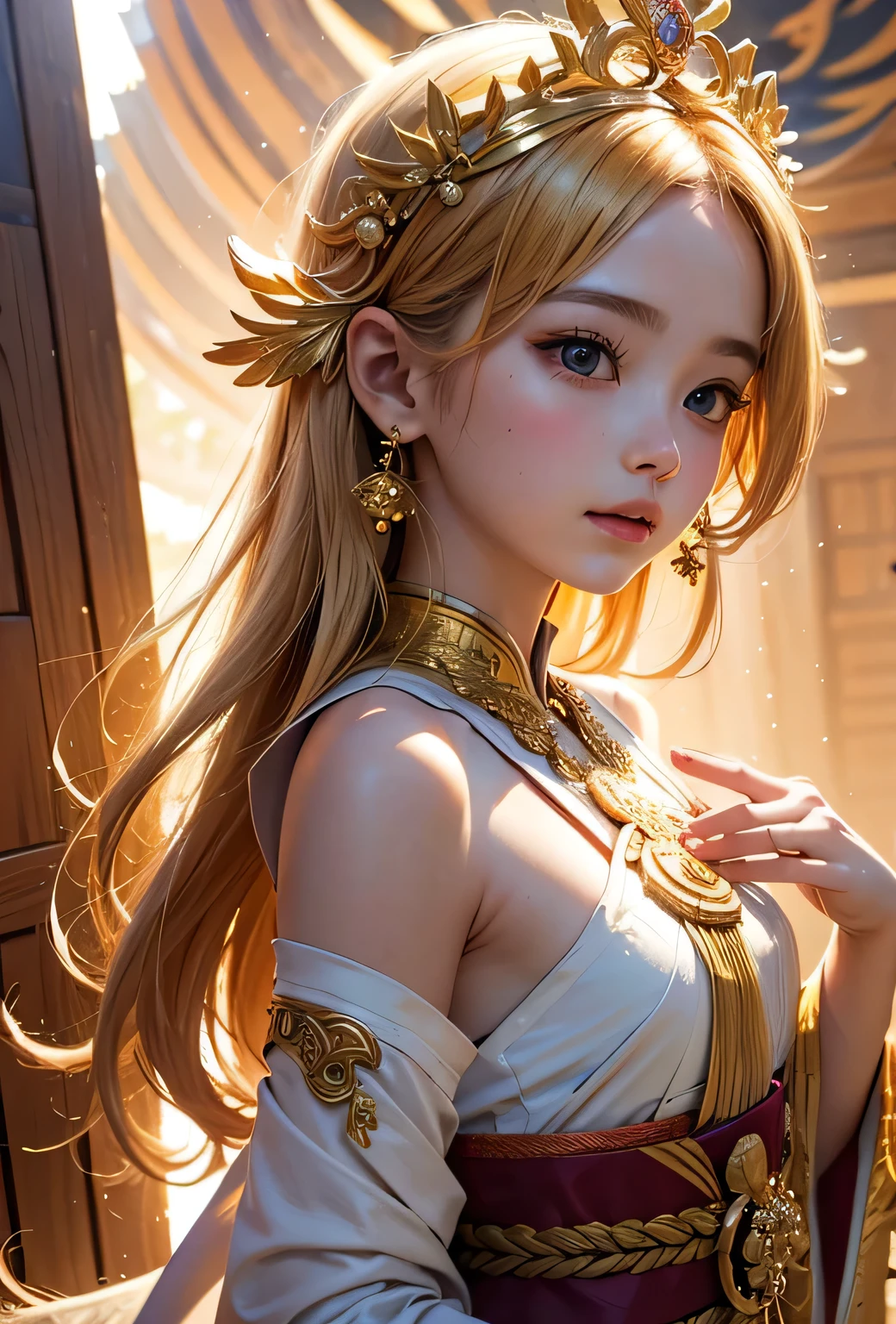 "Child of the Sun, Goddess of Love": Within a sacred sanctuary bathed in sunlight, depict the figure of a sun goddess who governs love, facing forward and emanating divine radiance. She is a , around 3 years old. Zoom in to focus on her face, with a gleaming orb of light in her hands, representing the life-giving power of the sun. Her hair is shimmering gold, and she is wearing a traditional miko outfit as seen in Japanese shrines. The background should be predominantly gold, evoking a sense of divine splendor, with numerous heart-themed objects expressing the beauty of love. The setting is in heaven, enveloped in soft, bright light, where one can find tranquility and peace of mind, free from any trace of anxiety.Straight-on.