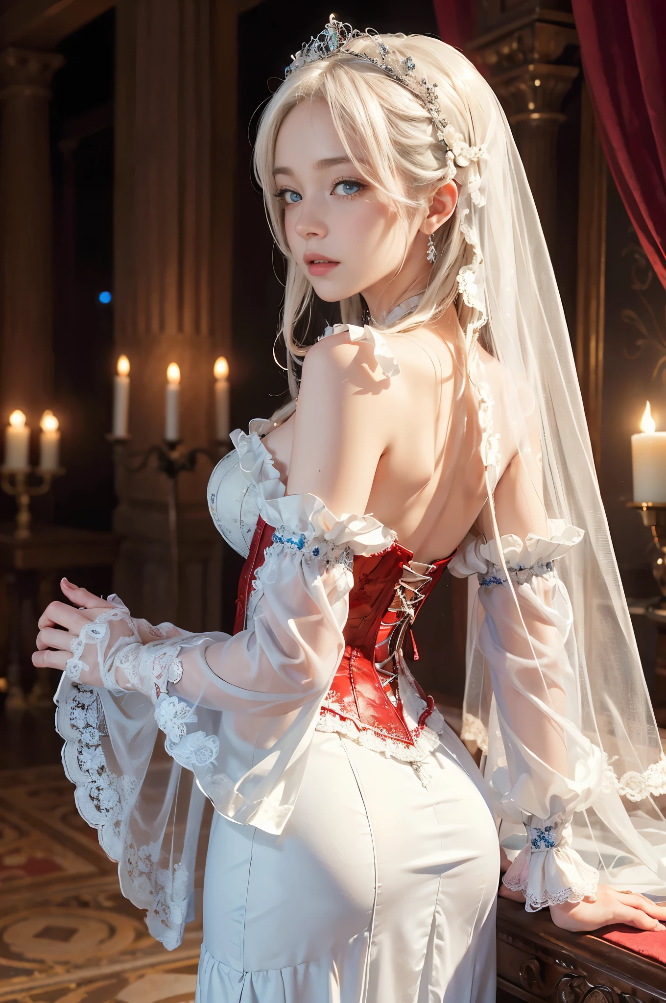 ((Extremely detailed CG unified 8k wallpaper)), masterpiece, Super detailed, floating, high resolution, Sexual innuendo, (small, Ridiculously long white hair, Princess, White magician, blue eyes, (Gorgeous long white and red sheer tiered maxi dress,Long separate wide sleeves and intricate embroidery), wedding veil, ring, bridal gloves, blush, Shy, Arched back, Ruffled petticoat, ornate corset,