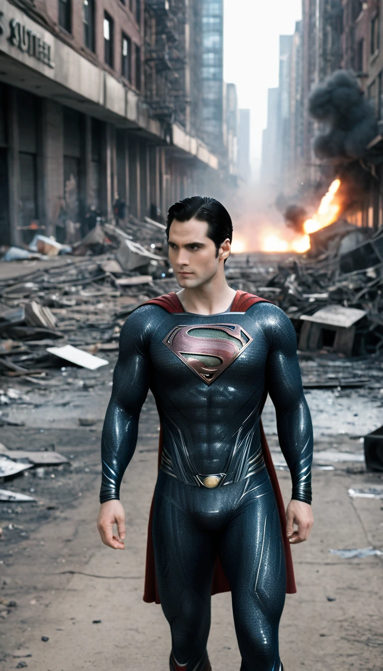 Action shots by M1lly4c0k2222 ((Wearing a more revealing black and silver version of the Superman suit Man of Steel)), Large Breasts, Fit body, (There are explosions in the background,The city is in ruins), Style - BladeRunner2049-8v Intricacy, High Detail, Clear focus, dramatic, ((Reality))