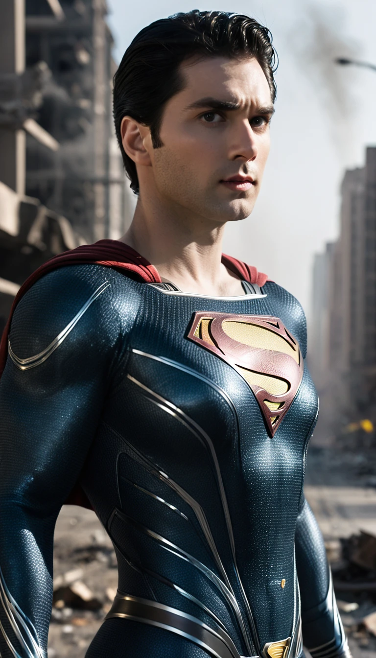 Action shots by M1lly4c0k2222 ((Wearing a more revealing black and silver version of the Superman suit Man of Steel)), Large Breasts, Fit body, (There are explosions in the background,The city is in ruins), Style - BladeRunner2049-8v Intricacy, High Detail, Clear focus, dramatic, ((Reality))