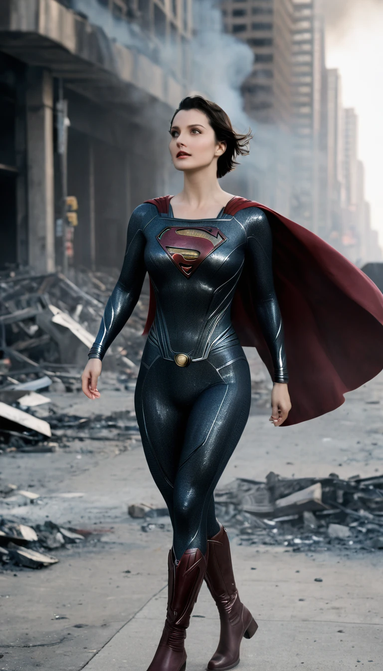 Action shots by M1lly4c0k2222 ((Wearing a more revealing black and silver version of the Superman suit Man of Steel)), Large Breasts, Fit body, (There are explosions in the background，The city is in ruins), Style - BladeRunner2049-8v Intricacy, High Detail, Clear focus, dramatic, ((Reality))