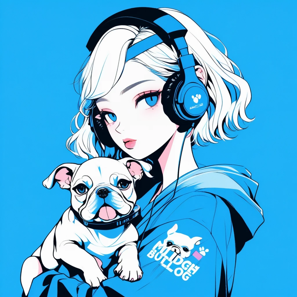 Illustrator, anime , Realistic ,sketch , A girl holding a cute bulldog puppy wearing headphones, ,lip, T-shirt,order,Textured Trim, (masterpiece,Highest quality) Blue background, Neon Hair,Textured Trim, Canadian, (masterpiece,Highest quality) Cancer,