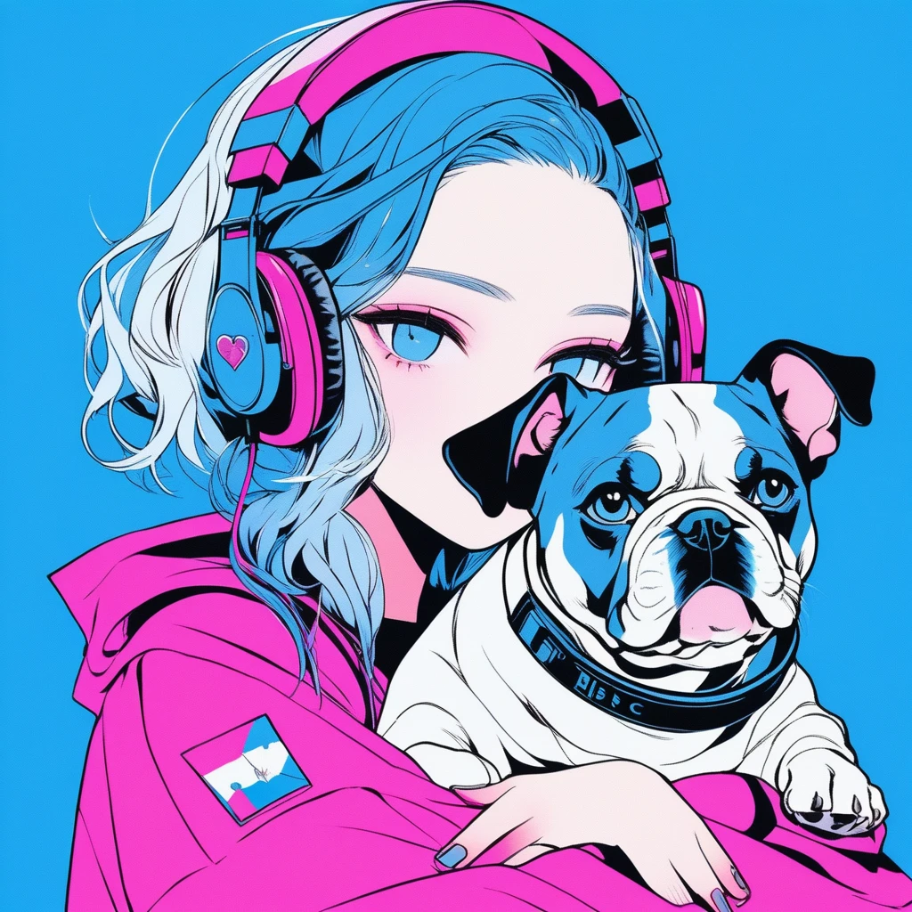 Illustrator, anime , Realistic ,sketch , A girl holding a cute bulldog puppy wearing headphones, ,lip, T-shirt,order,Textured Trim, (masterpiece,Highest quality) Blue background, Neon Hair,Textured Trim, Canadian, (masterpiece,Highest quality) Cancer，