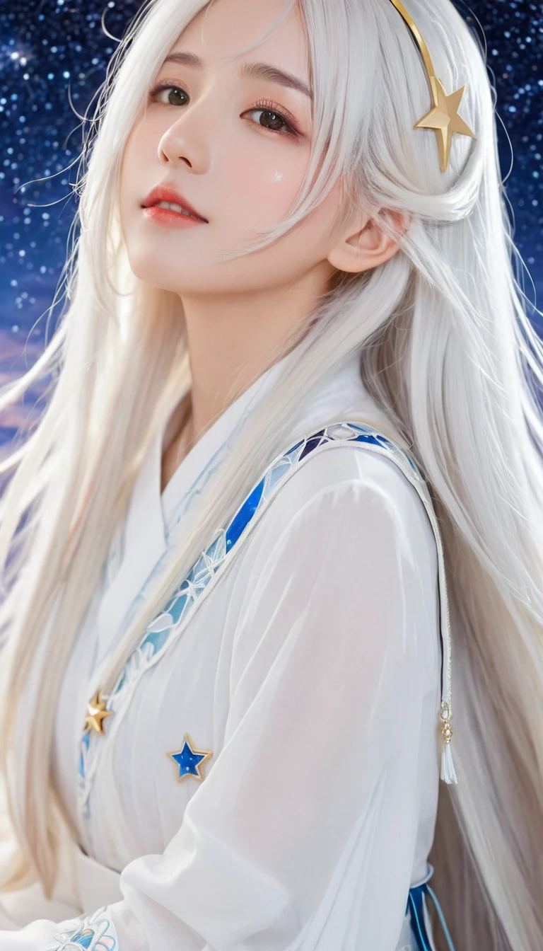 anime girl with long white hair and a Star in her hair, White-haired deity, Anime girl with cosmic long hair, Star(Sky) Starry_Sky, Cute girl anime visual, Ink art anime loli, White halo, White hair girl, Ethereal Anime, akasuki voidStar, Heavenly Spirit, Night Core, Anime cute art style