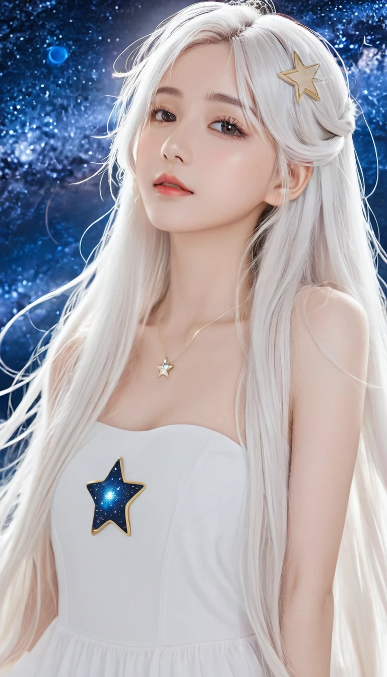 anime girl with long white hair and a Star in her hair, White-haired deity, Anime girl with cosmic long hair, Star(Sky) Starry_Sky, Cute girl anime visual, Ink art anime loli, White halo, White hair girl, Ethereal Anime, akasuki voidStar, Heavenly Spirit, Night Core, Anime cute art style