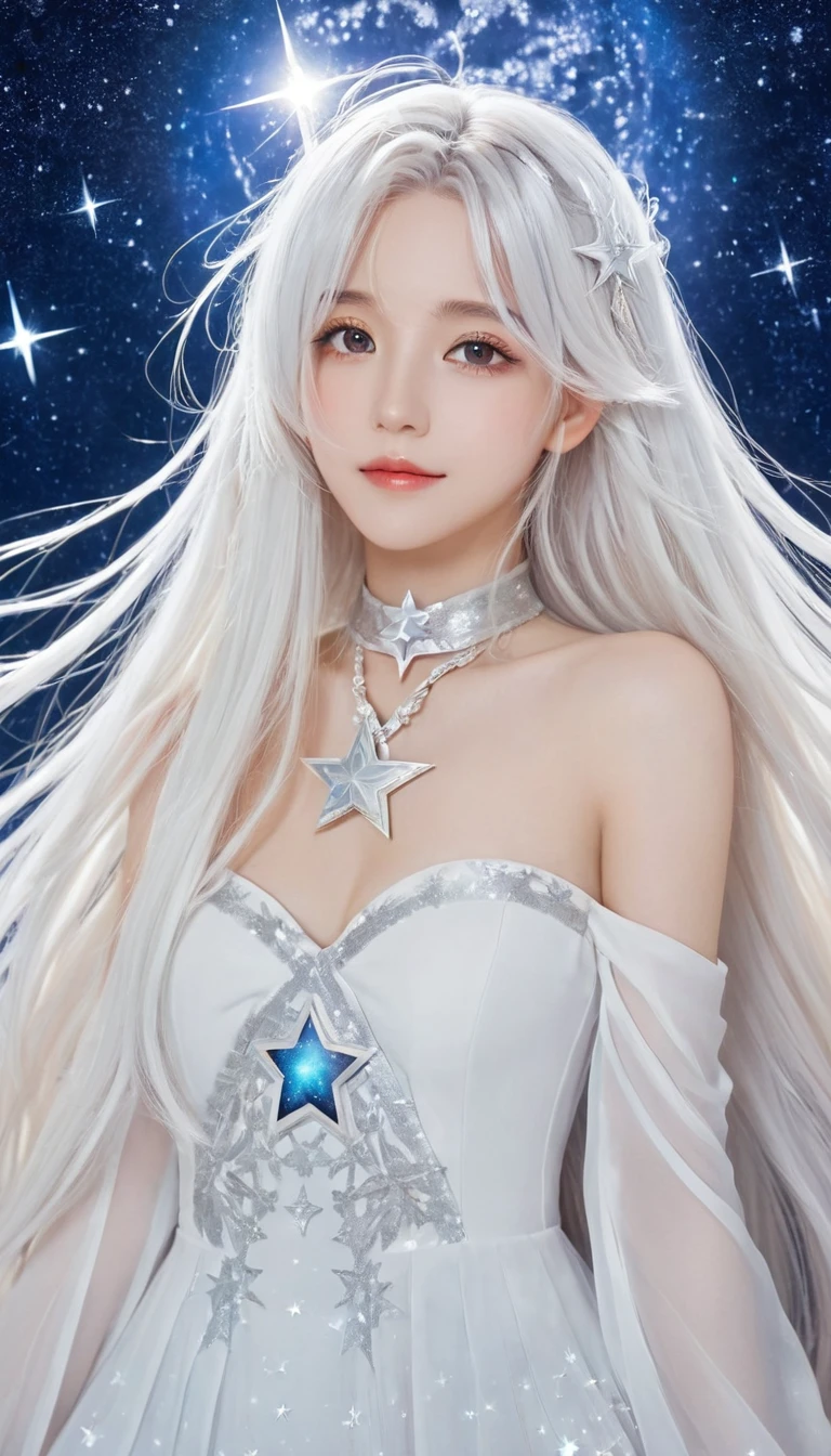 anime girl with long white hair and a Star in her hair, White-haired deity, Anime girl with cosmic long hair, Star(Sky) Starry_Sky, Cute girl anime visual, Ink art anime loli, White halo, White hair girl, Ethereal Anime, akasuki voidStar, Heavenly Spirit, Night Core, Anime cute art style