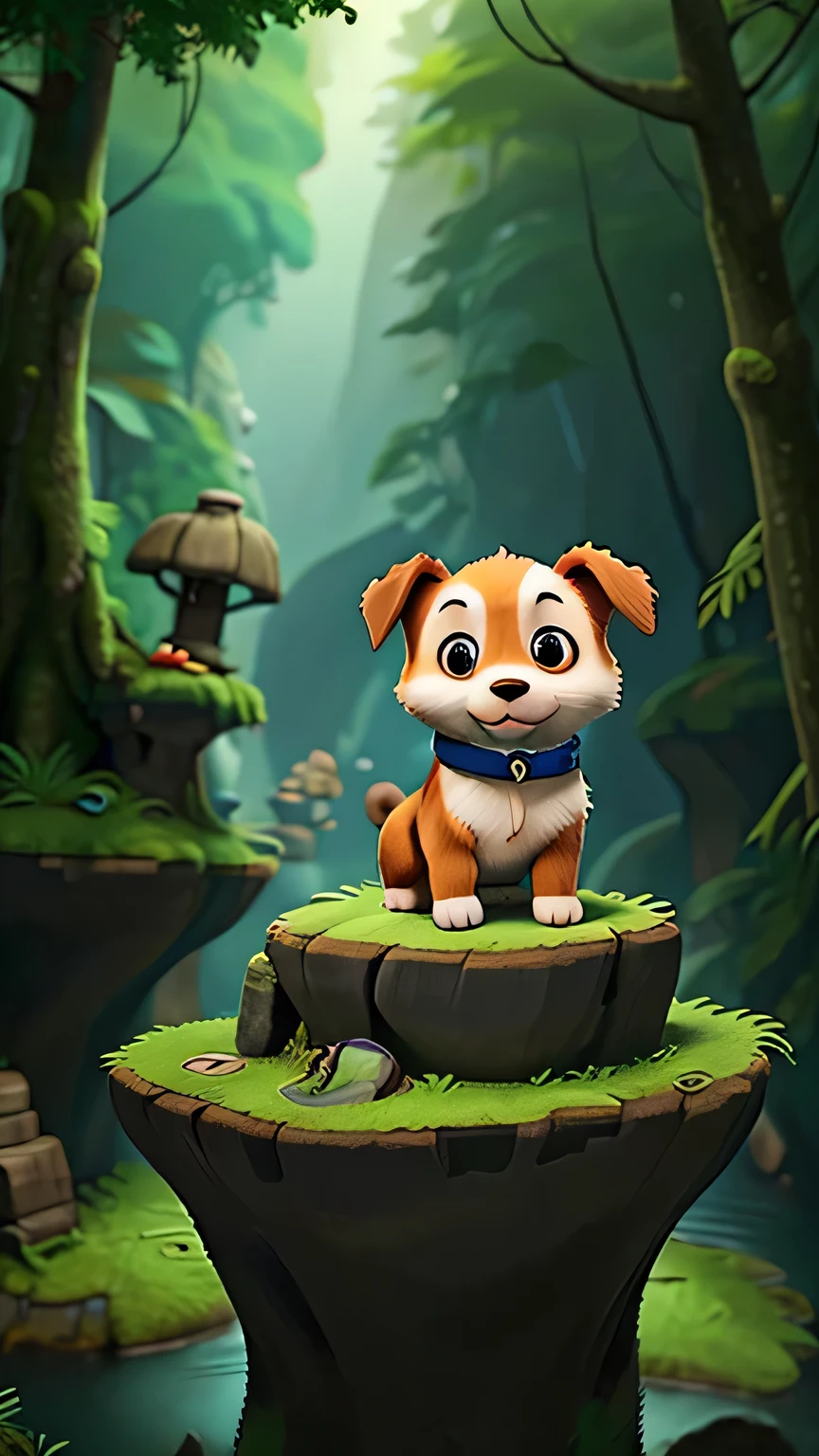 A cute puppy named Po embarking on an adventure through a deep forest, encountering unexpected challenges like steep cliffs and mysterious caves. Po is determined and a little cautious, navigating through the dense trees and dark paths. The atmosphere is thrilling and filled with the sense of exploration and danger."