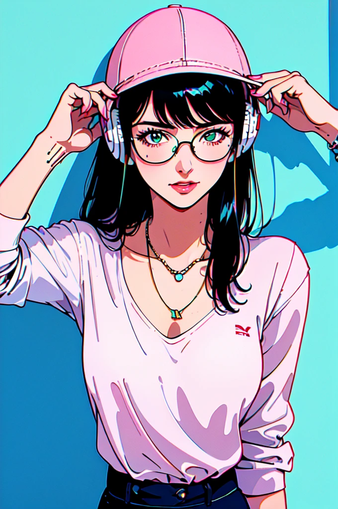 Headphones,Battle DJ,Highest quality,masterpiece,Ultra-high resolution,One girl, alone, Have, jewelry, Green Eyes, ring, Long Hair, Black Hair, sunglasses, necklace, chromatic aberration, Baseball cap, Pink Background, white shirt, shirt, View your viewers, Upper Body, backwards Have, Long sleeve, Manicure, bracelet, clavicle, Mouth closed, Holding, White Hat, compensate, Looking at glasses