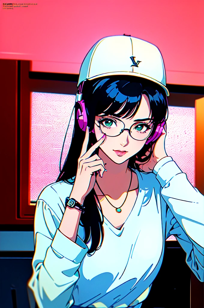 Headphones,Battle DJ,Highest quality,masterpiece,Ultra-high resolution,One girl, alone, Have, jewelry, Green Eyes, ring, Long Hair, Black Hair, sunglasses, necklace, chromatic aberration, Baseball cap, Pink Background, white shirt, shirt, View your viewers, Upper Body, backwards Have, Long sleeve, Manicure, bracelet, clavicle, Mouth closed, Holding, White Hat, compensate, Looking at glasses