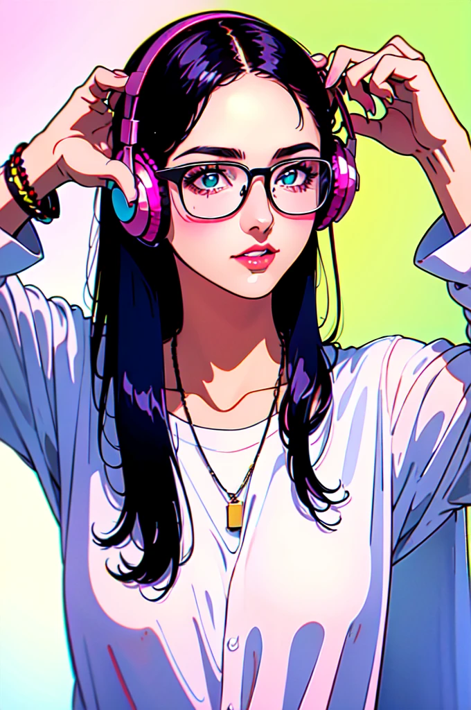 Headphones,Battle DJ,Highest quality,masterpiece,Ultra-high resolution,One girl, alone, Have, jewelry, Green Eyes, ring, Long Hair, Black Hair, sunglasses, necklace, chromatic aberration, Baseball cap, Pink Background, white shirt, shirt, View your viewers, Upper Body, backwards Have, Long sleeve, Manicure, bracelet, clavicle, Mouth closed, Holding, White Hat, compensate, Looking at glasses