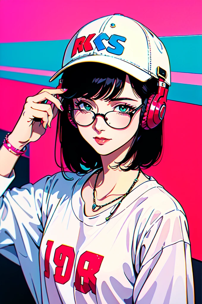 Headphones,Battle DJ,Highest quality,masterpiece,Ultra-high resolution,One girl, alone, Have, jewelry, Green Eyes, ring, Long Hair, Black Hair, sunglasses, necklace, chromatic aberration, Baseball cap, Pink Background, white shirt, shirt, View your viewers, Upper Body, backwards Have, Long sleeve, Manicure, bracelet, clavicle, Mouth closed, Holding, White Hat, compensate, Looking at glasses