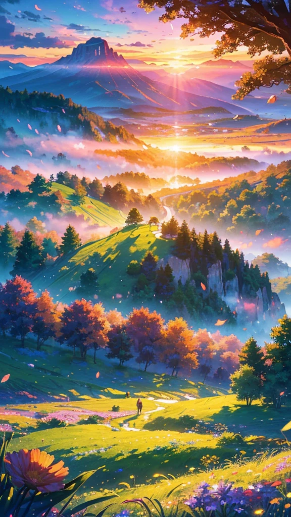 (best qualityer, 4K, 8K, high resolution, work of art: 1.2), ultra detali, (realisitic, photorealisitic, photorealisitic: 1.37), large mountain, ((covered in small flowers, fire petals)), red buttons, green grass, majestic peaks, brilliant flowers, brilliant sky, serene atmosphere, soft breeze, tranquil atmosphere, subtle cloud formations, morning dew, picturesque landscape, swirly vibrant colors, harmonious composition, natural beautiful, tranquil atmosphere, spectacular view, impressive scale, sunrise lighting, happy aura, work of art of nature, realisitic texture, immersive experience, Inspiring view, splendid works of art, ethereal atmosphere.