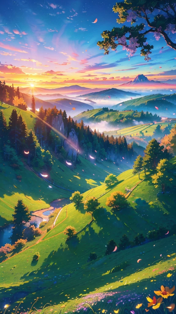 (best qualityer, 4K, 8K, high resolution, work of art: 1.2), ultra detali, (realisitic, photorealisitic, photorealisitic: 1.37), large mountain, ((covered in small flowers, fire petals)), red buttons, green grass, majestic peaks, brilliant flowers, brilliant sky, serene atmosphere, soft breeze, tranquil atmosphere, subtle cloud formations, morning dew, picturesque landscape, swirly vibrant colors, harmonious composition, natural beautiful, tranquil atmosphere, spectacular view, impressive scale, sunrise lighting, happy aura, work of art of nature, realisitic texture, immersive experience, Inspiring view, splendid works of art, ethereal atmosphere.