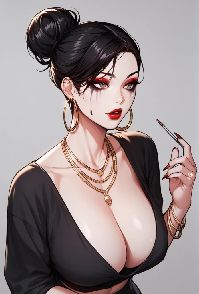 a woman, ,big hoop earrings, makeup,white skin,sharp jawline ,big earrings, oversized earrings,big breasts,full body view ,saree,black hair, necklace, eyeliner, eyeshadow, foundation, jewelry,bangles, anklet,silky hair ,hair single bun,bangs,face makeup, eyeliner,red lipstick
