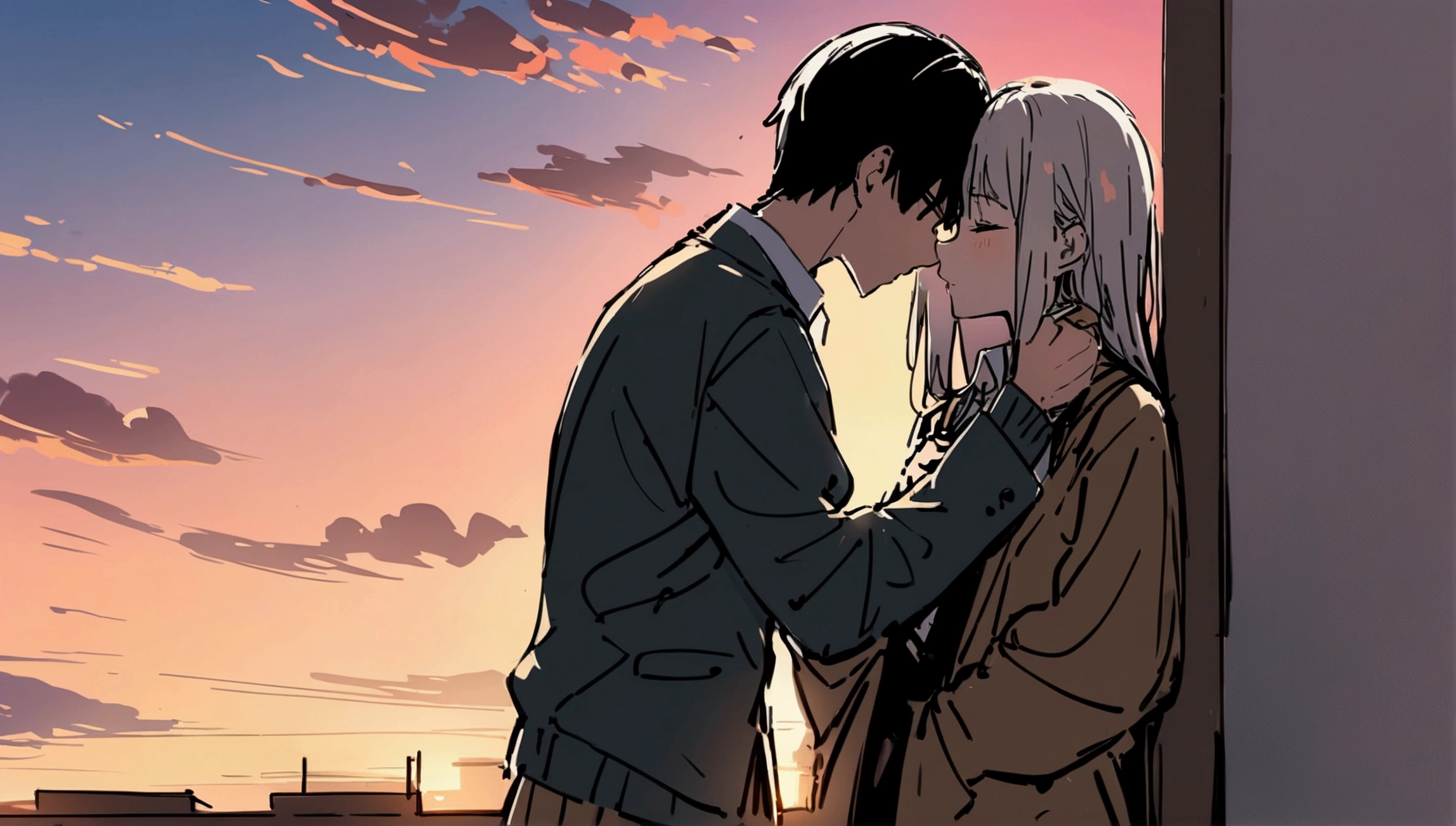 masterpiece,最high quality,Super detailed,High resolution backgrounds,8K,High Resolution,high quality,break,high school student,Unrequited love,smartphone,School,Sunset,Japanese manga style, sketch, Colored pencil