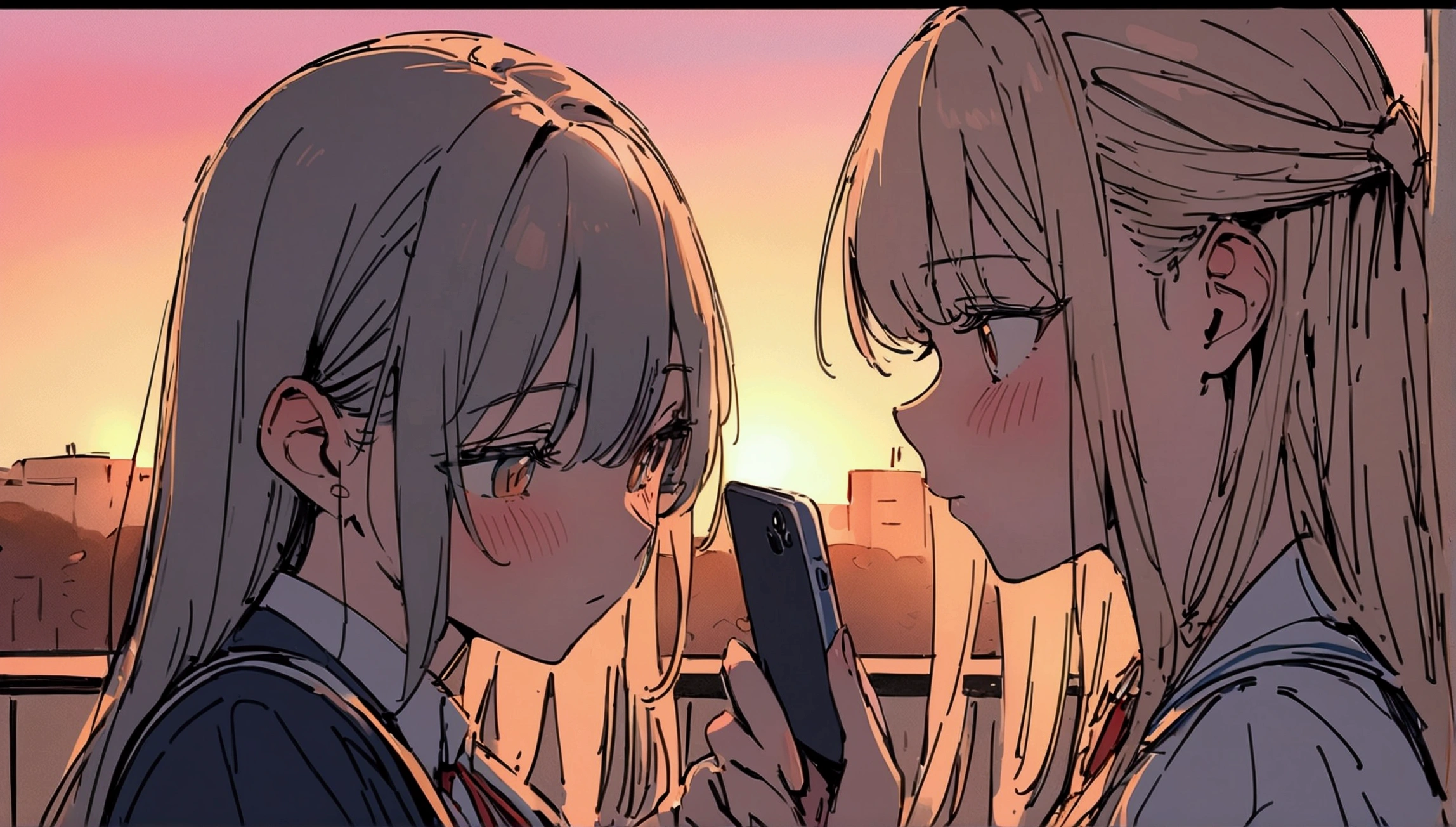 masterpiece,最high quality,Super detailed,High resolution backgrounds,8K,High Resolution,high quality,break,high school student,Unrequited love,smartphone,School,Sunset,Japanese manga style, sketch, Colored pencil