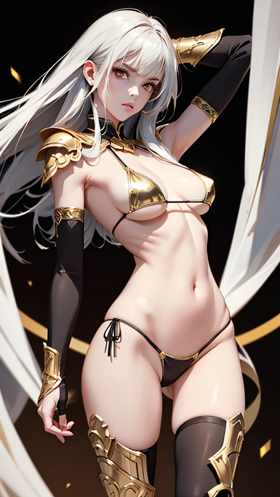 （lifelike， high - resolution：1.3）， 1 girl with a slender body， slender body, Super fine face and eyes，( golden color eyes), smokey look, annoyed, full lips,  tall girl,  pale skin, dark makeup, shiny skin， blunt bangs, very long white hair, (ebony micro bikini armor, metal bikini, small breasts,  gold trim)，small breasts,, (gauntlets, thigh high greaves, intricate curved sword, gold trim) , wielding sword, shiny skin, narrow hips, skinny

