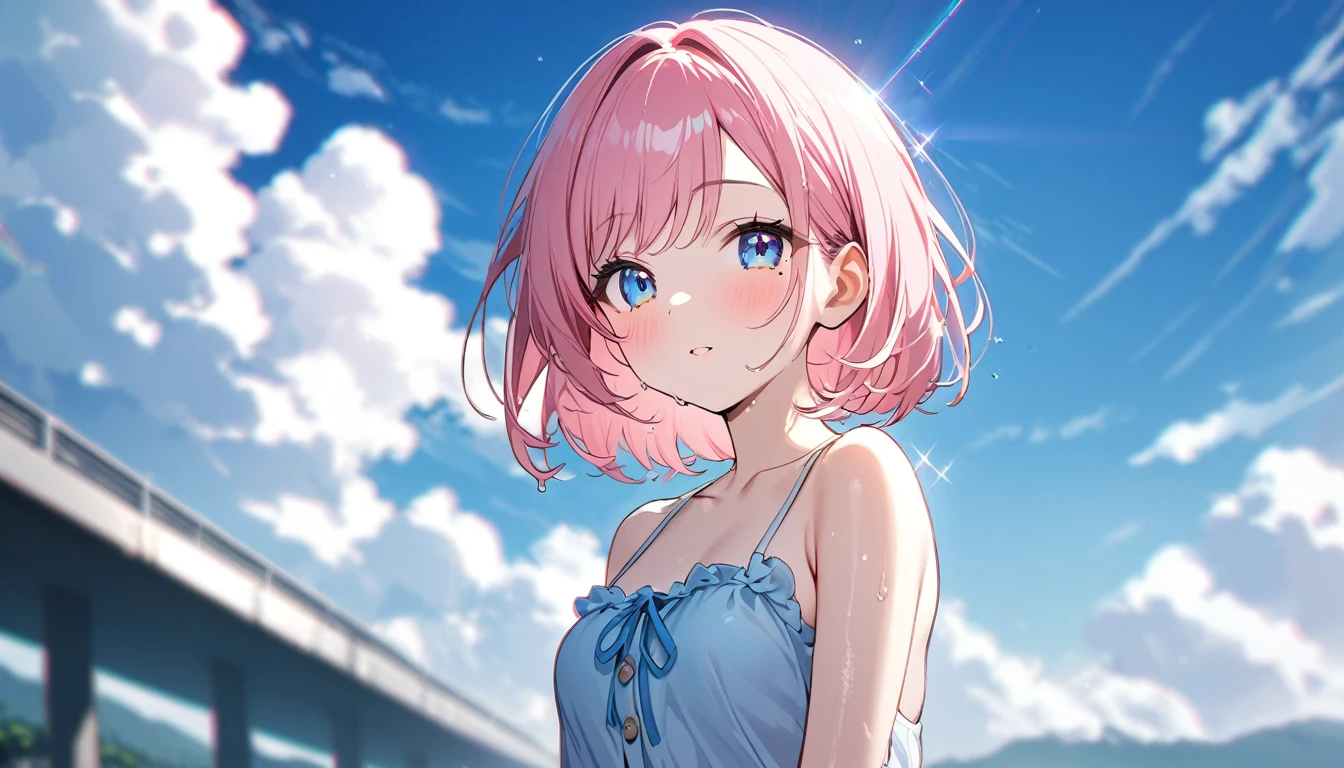 (1 girl),(Best Picture Quality, 8K, Masterpiece:1.3), (high school student:1.5), ((pink lob hair:1.1)), (bob cut),(swept bangs), (cute eyes, pupil black, iris skyblue, youthful face), (mole under right eye), (standard weight), (small breasts), (glistening skin:1.1),(pale skin:1.2),(sundress),((Gyaru fashion:1.3)),(wet:1.1),(blue sky, blurry, blurry background, chromatic aberration, cloud, cloudy sky, day, depth of field, glint, outdoors, sky),(magnificent view:1.1),(overlooking).