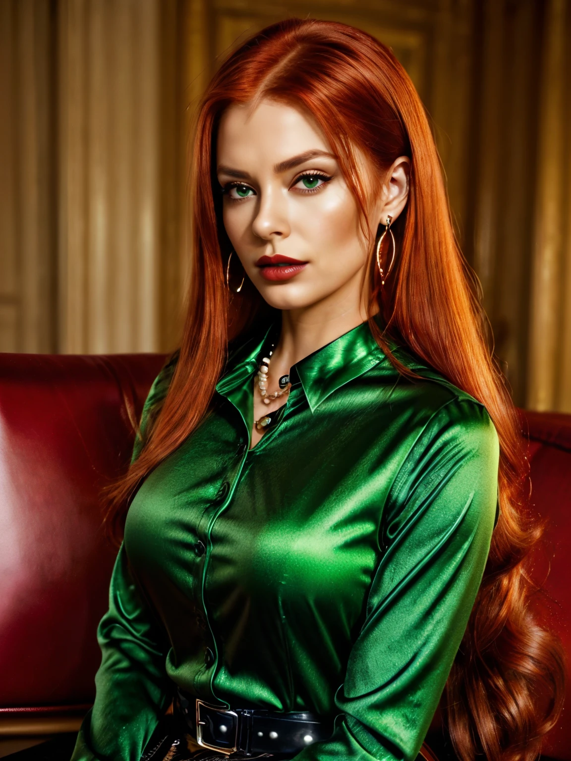 (1girl:1.34), (face and upper body view: with face and hair fully visible:2.3), (solo), (realistic photography), (elegant redhead dominant woman sitting on a couch wearing formal dark green shiny long sleeved satin collared shirt strictly buttoned all the way up :2.3), (wears one long sleeved dark green collared satin shirt:2.2), (wears one large black pvc belt with silver buckle :1.72), (her left hand caresses her belt:1.71), (wears one pearl necklace:1.63), (her right hands caresses her necklace:1.62), (wears long black glossy patent leather trousers:1.5), (looking at the camera with intense dominant eyes:1.44), (long straight red hair:1.43), (asymetric hairstyle:1.42), (clear white skin:1.41), (brown eyes:1.34), (latina type eyes:1.33), (slim body, medium breasts:1.32), heavy sophisticted make-up, deep dark eye shadow, thick lips, (dark shiny glossy lipstick:1.25), hourglass figure, seductive face, large round hoop silver earrings, soft volumetric lights, intricate details, (ArtStation:1.2)