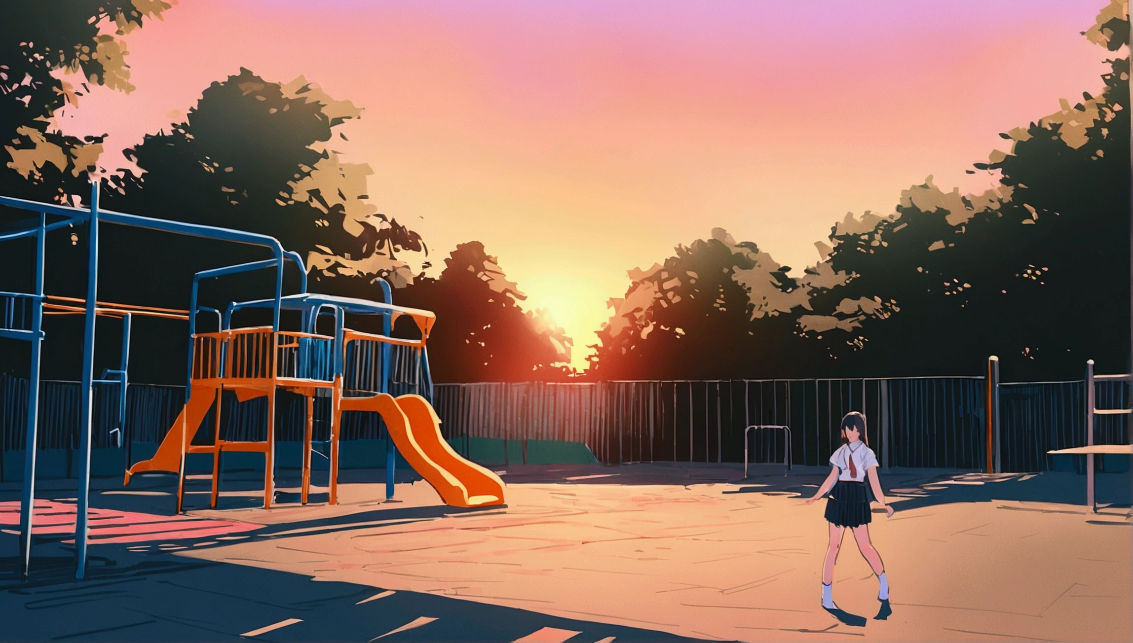 masterpiece,最high quality,Super detailed,High resolution backgrounds,8K,High Resolution,high quality,break,high school student,Unrequited love,smartphone,School,playground,Sunset,Japanese manga style, sketch, Colored pencil