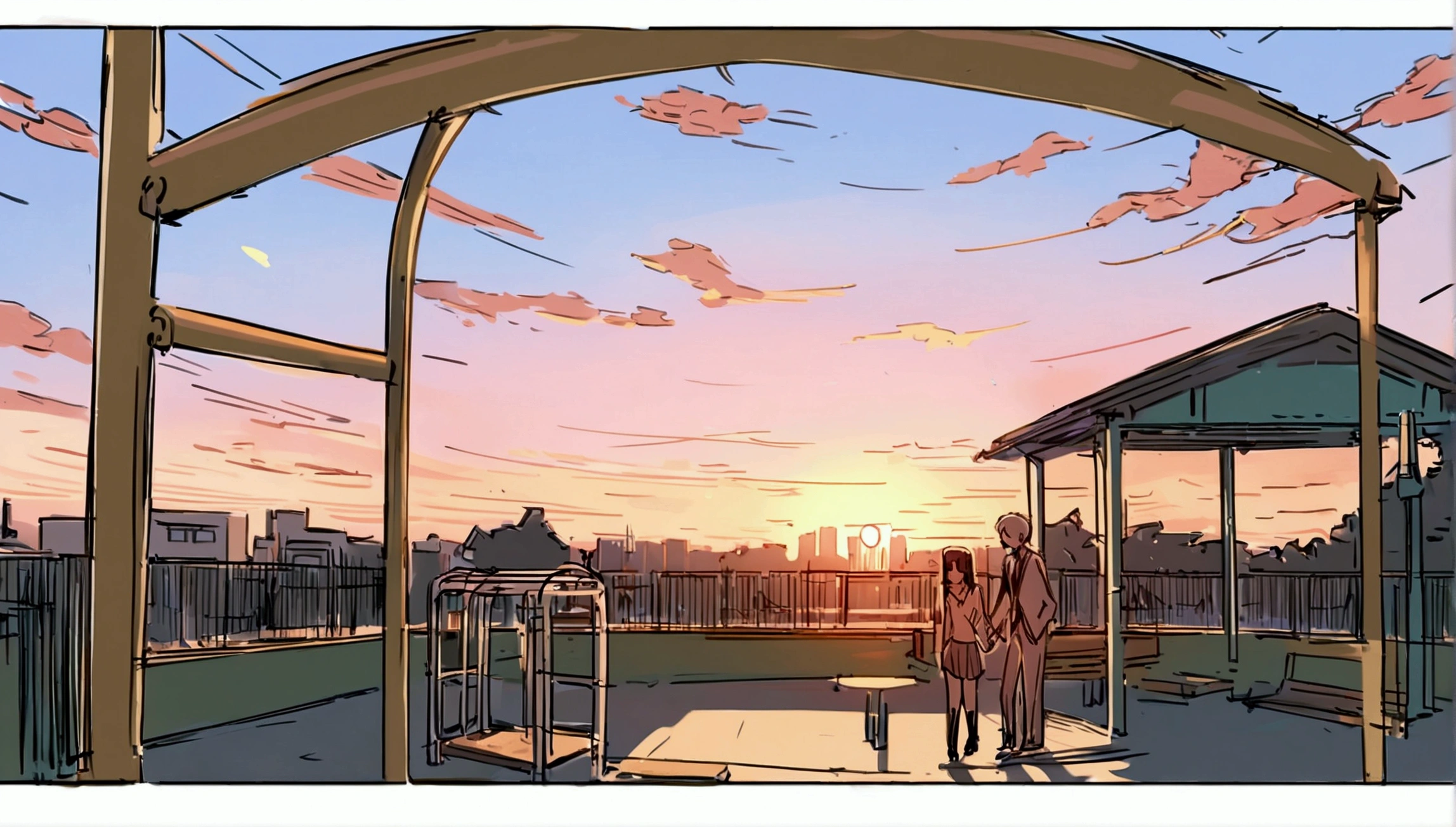 masterpiece,最high quality,Super detailed,High resolution backgrounds,8K,High Resolution,high quality,break,high school student,Unrequited love,smartphone,School,playground,Sunset,Japanese manga style, sketch, Colored pencil