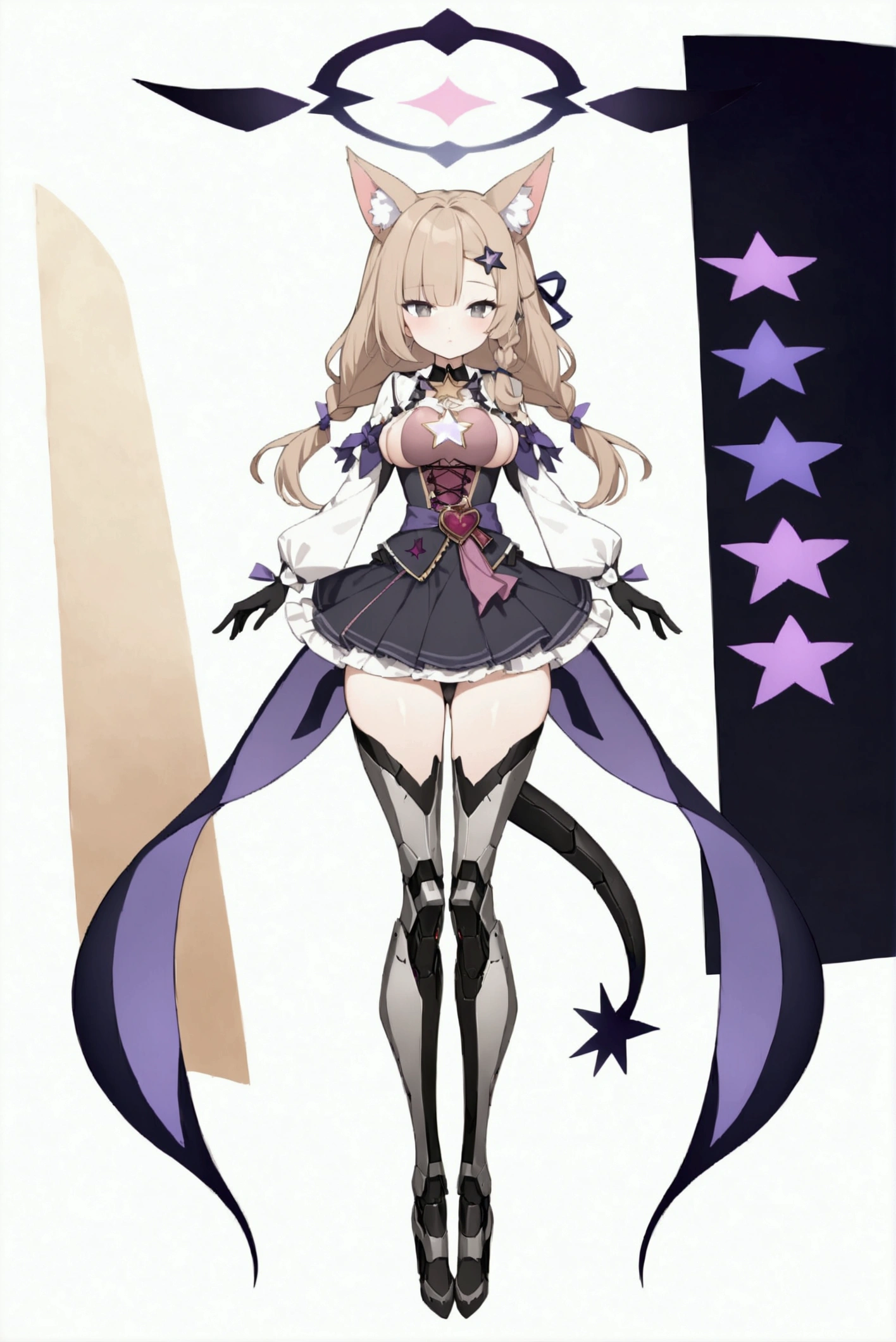 woman 170 cm tall. medium chest, wide hip, slim build, ((whole body)). (((character design sheet: front view))). (dark blonde hair, (hip-length wavy hair with asymmetrical bangs, star hairpin), (She has a short braid tied with an elegant purple ribbon on the left side of her hair above her chest). (She has a short braid tied with an elegant purple ribbon on the right side of her hair above her chest). She has small hair ties in the back of her hair..). ((Gray eyes with a pink 4-pointed star in the pupil)). (Two black and purple fox ears located on the top of the head). (Luminous black halo with purple star patterns above his head). He has a black collar with a heart emblem on his neck.. (Elegant long one piece dress, thigh-length lace and ruffle skirt, ribbon decorations and star patterns on the dress). black gloves, Black platform heels. gray belt at the waist with a large ribbon with a luminous pink heart in the middle. ((He has a beautiful succubus tail)). (((It has complex mechanical legs that reach up to the thighs and are black with small purple details..))). beautiful detailed hair, beautiful detailed dress. extremely detailed arms. extremely detailed face, small face, Beautiful detailed eyes, beautiful detailed lips. adorable. extremely detailed legs. (Best Quality, 4k, high resolution), ultra detailed, Exquisite and epic character art, ((White background)). (Focus on symmetry).