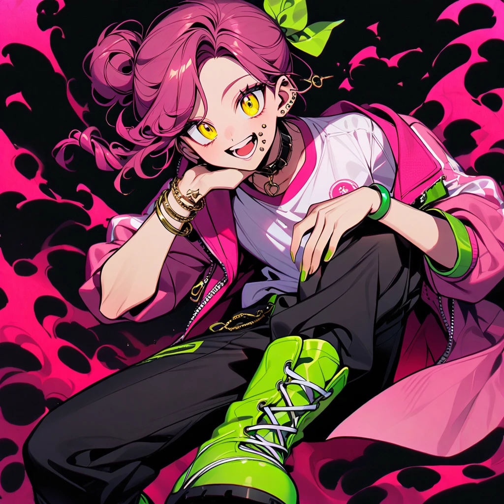 (well done: 1) man, dark pink long curly hair tied in a bun, yellow eyes, mouth piercing, green bracelet, green nails, white t-shirt with a symbol in the middle, pink jacket, black pants, high boots.