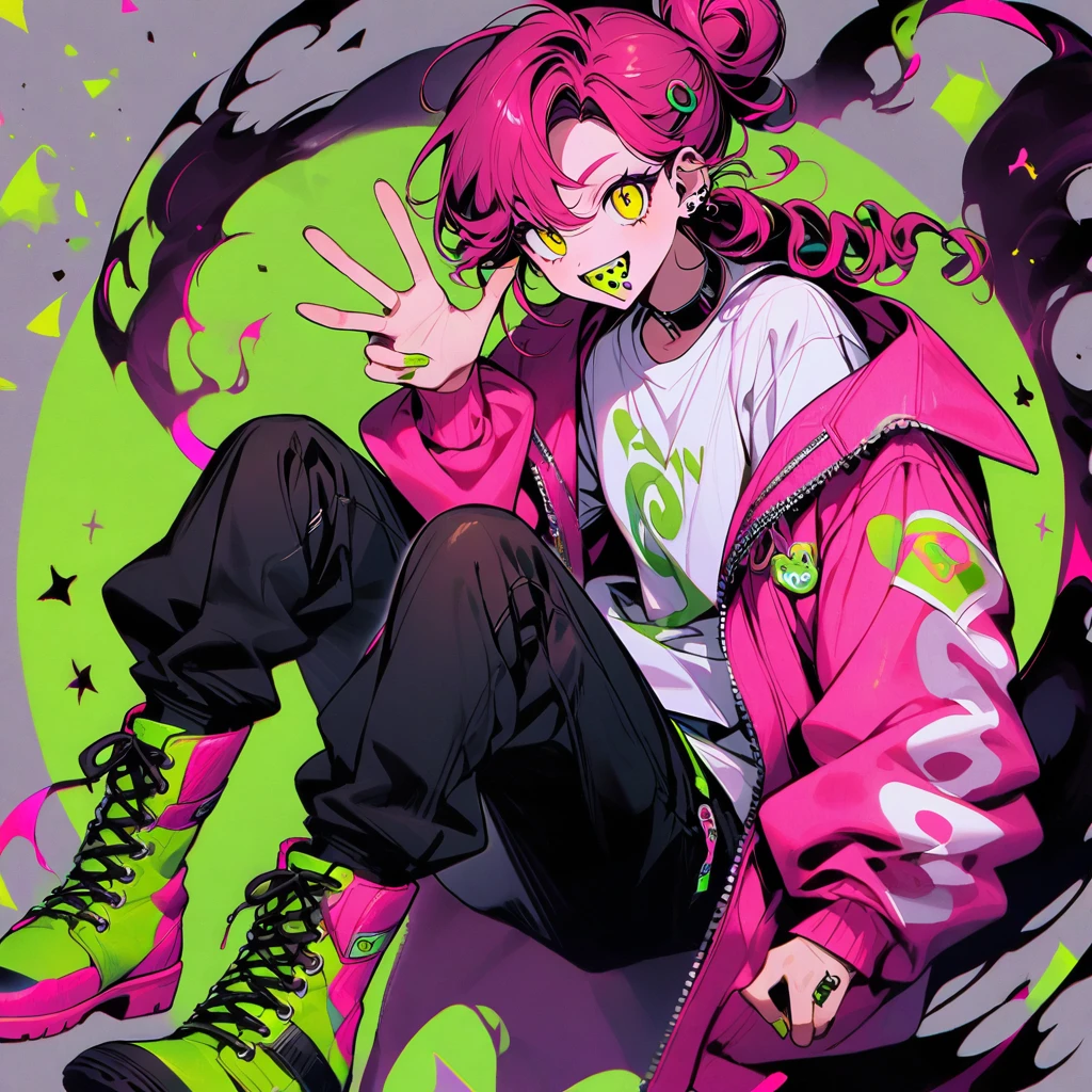 (well done: 1) man, dark pink long curly hair tied in a bun, yellow eyes, mouth piercing, green bracelet, green nails, white t-shirt with a symbol in the middle, pink jacket, black pants, high boots.