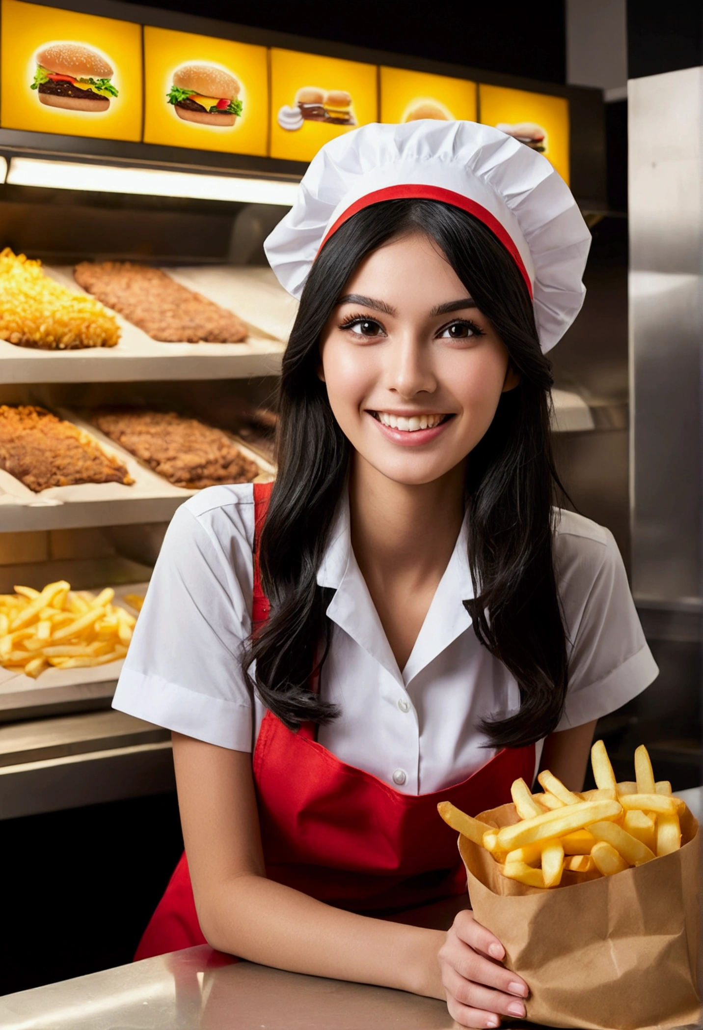 Highest quality, Super quality, 16K, Incredibly absurd, Very detailed, delicate and dynamic, SFW, Natural light, , Diffuse reflection of light, Vortex of Light, In-store pop, , Fast food restaurants, McDonald, hamburger, Sparkling, Create amazing image effects, cash register, Upper body close-up, (cute sexy girl, , sexy long legs, Hamburger shop clerk, Sensual expression, fine, Active, smile, Cook the patties, Make a hamburger, Frying French fries, paper bag, Busy, , black long hair, Hamburger shop uniform, Store clerk uniform, Wear a hamburger shop assistant hat,)