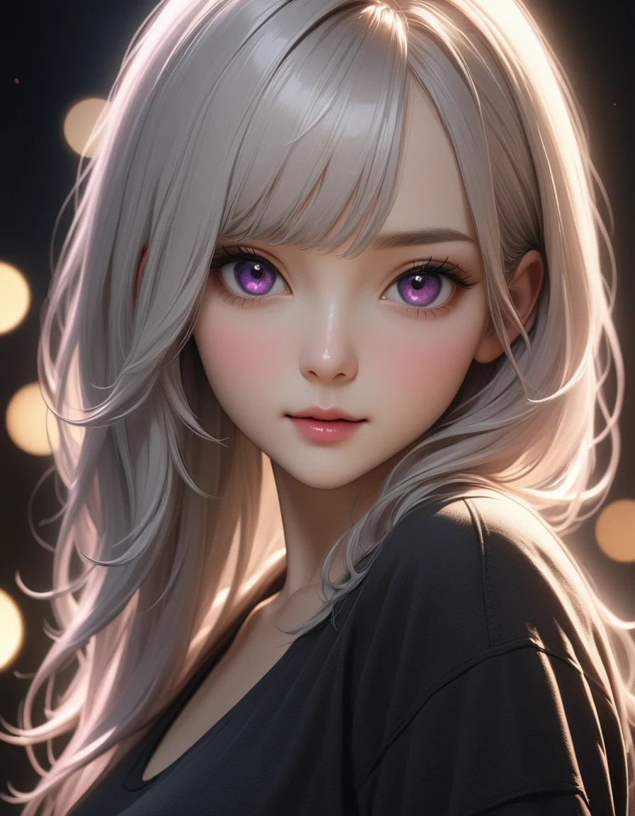 best quality, masterpiece, high resolution, A girl, white hair, purple eyes, black shirt Beautiful face, Tyndall effect, lifelike, Dark studio, Side lighting  , Bi-color lighting, ( Skin HD:1.2), 8k , Soft lighting, high quality, Volumetric lighting, candid, high resolution, 8k, bokeh, depth of field, female hacker, machine  count.  size 2048×1136