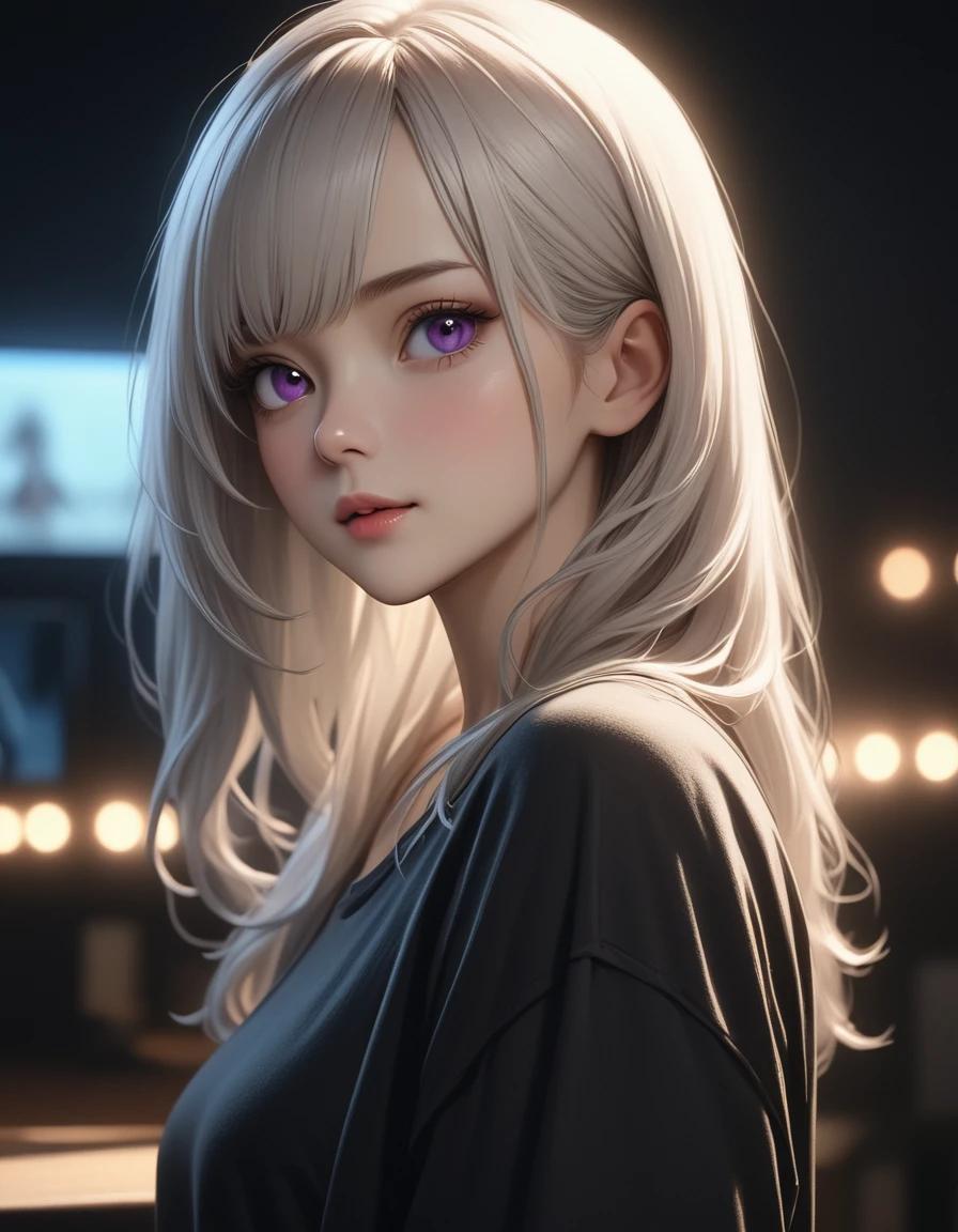 best quality, masterpiece, high resolution, A girl, white hair, purple eyes, black shirt Beautiful face, Tyndall effect, lifelike, Dark studio, Side lighting , Bi-color lighting, ( Skin HD:1.2), 8k , Soft lighting, high quality, Volumetric lighting, candid, high resolution, 8k, bokeh, depth of field, female hacker, machine count. size 2048×1136