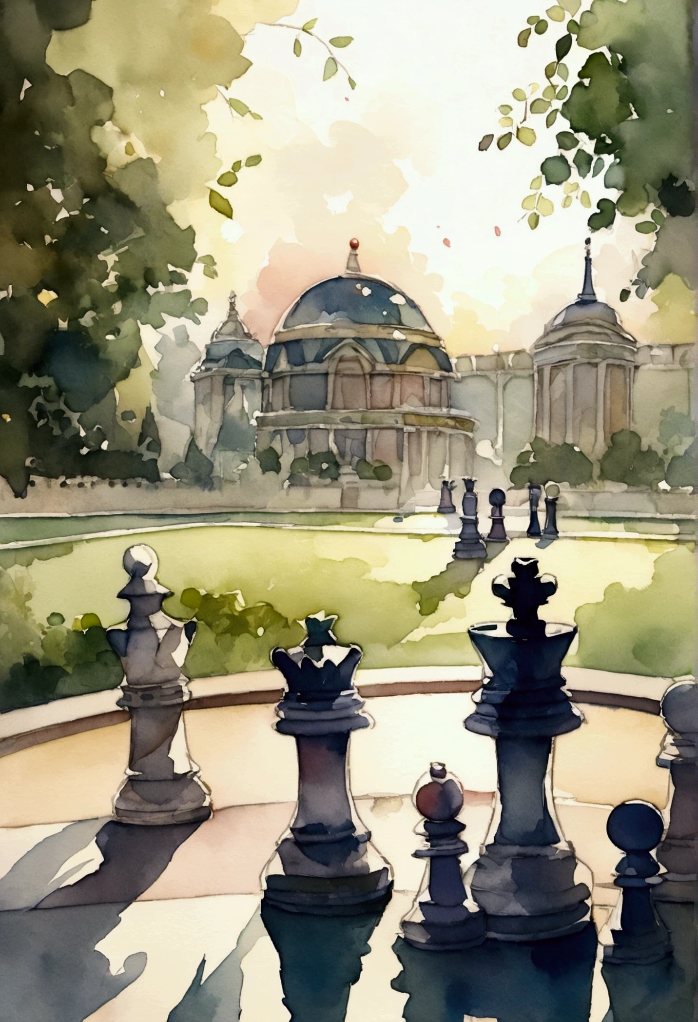 chess game in the palace park, watercolor