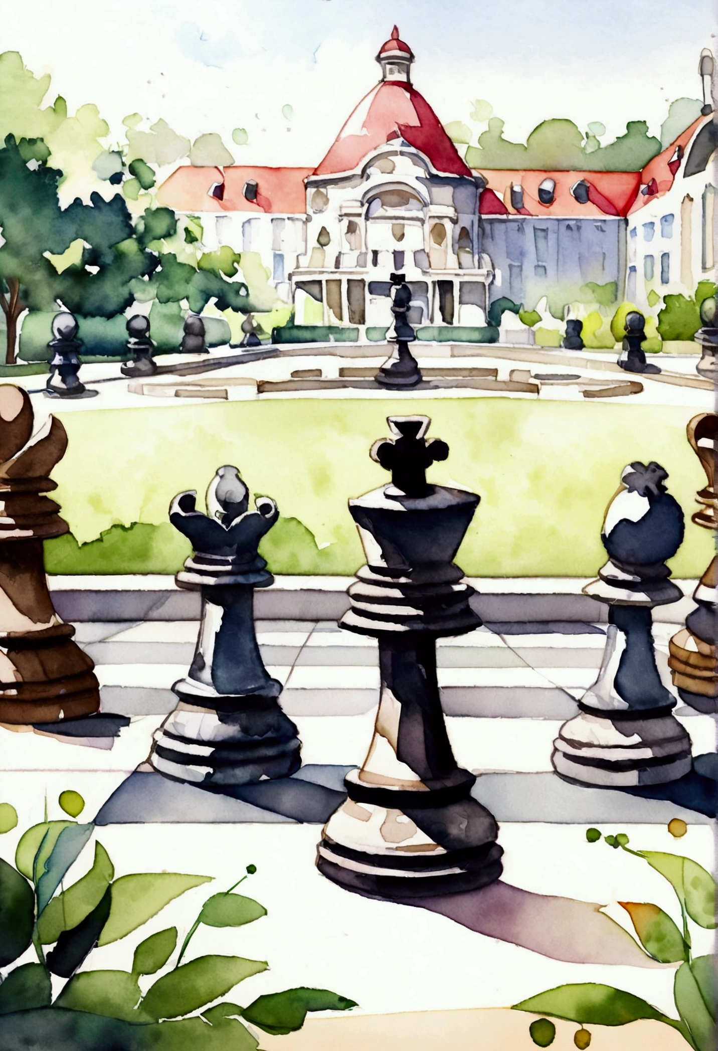 chess game in the palace park, watercolor