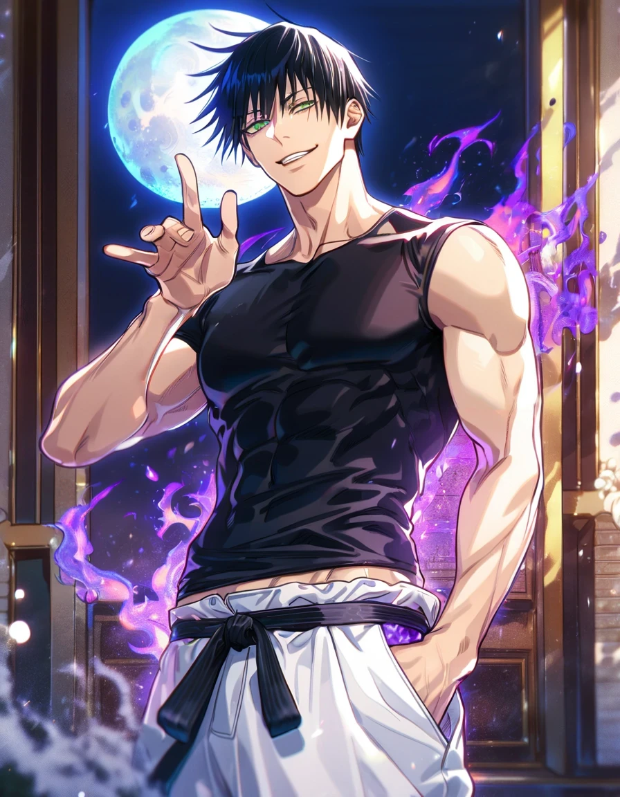 Ultra detailed, HDR, Highres, absurdres, master piece, Fushiguro Touji, black hair, expressive green eyes, Jujutsu Kaisen, handsome, sexy man, solo, black tight shirt, purple aura, handsome smile, best quality, blue moon, 8K, white baggy pants, wearing helf sleeve black t shirt
