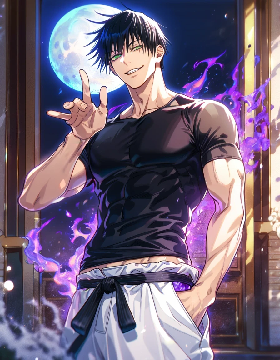 Ultra detailed, HDR, Highres, absurdres, master piece, Fushiguro Touji, black hair, expressive green eyes, Jujutsu Kaisen, handsome, sexy man, solo, black tight shirt, purple aura, handsome smile, best quality, blue moon, 8K, white baggy pants, wearing helf sleeve black t shirt