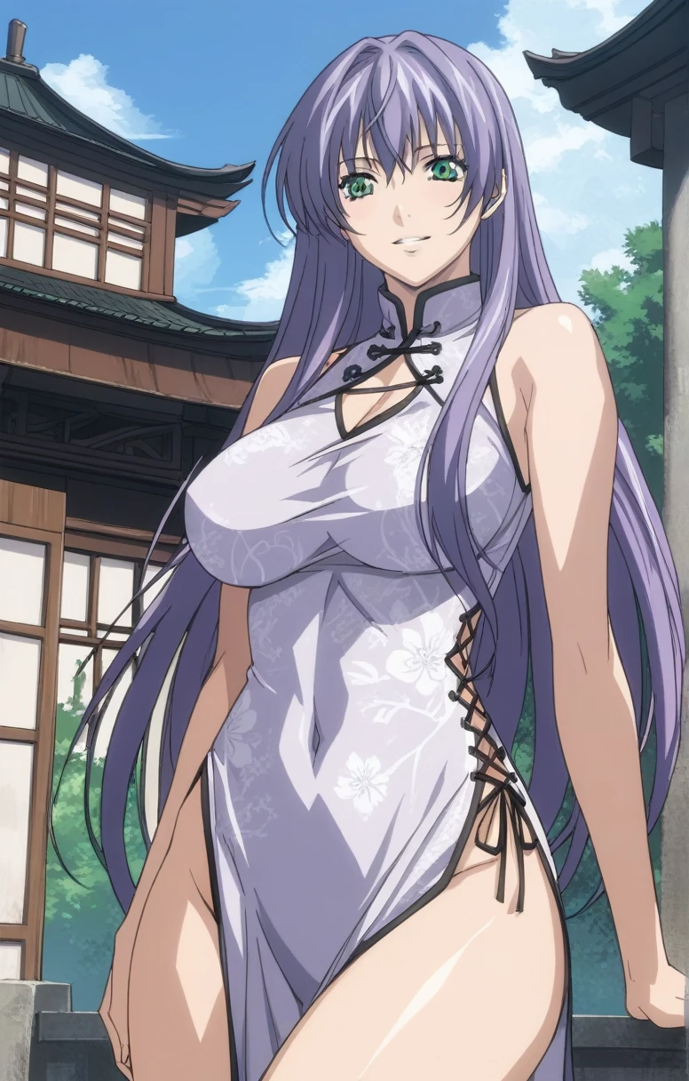 best quality,masterpiece,looking at viewer,absurdres,1girl,score_9,score_8_up,score_7_up,source_anime BREAK sasha,green eyes,purple hair,long hair,large breasts,china dress, side slit, high slit, cross-laced slit,absolute field, thighs,east asian architecture,outdoor, sunny, natural light