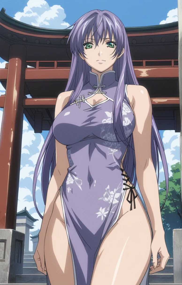 best quality,masterpiece,looking at viewer,absurdres,1girl,score_9,score_8_up,score_7_up,source_anime BREAK sasha,green eyes,purple hair,long hair,large breasts,china dress, side slit, high slit, cross-laced slit,absolute field, thighs,east asian architecture,outdoor, sunny, natural light