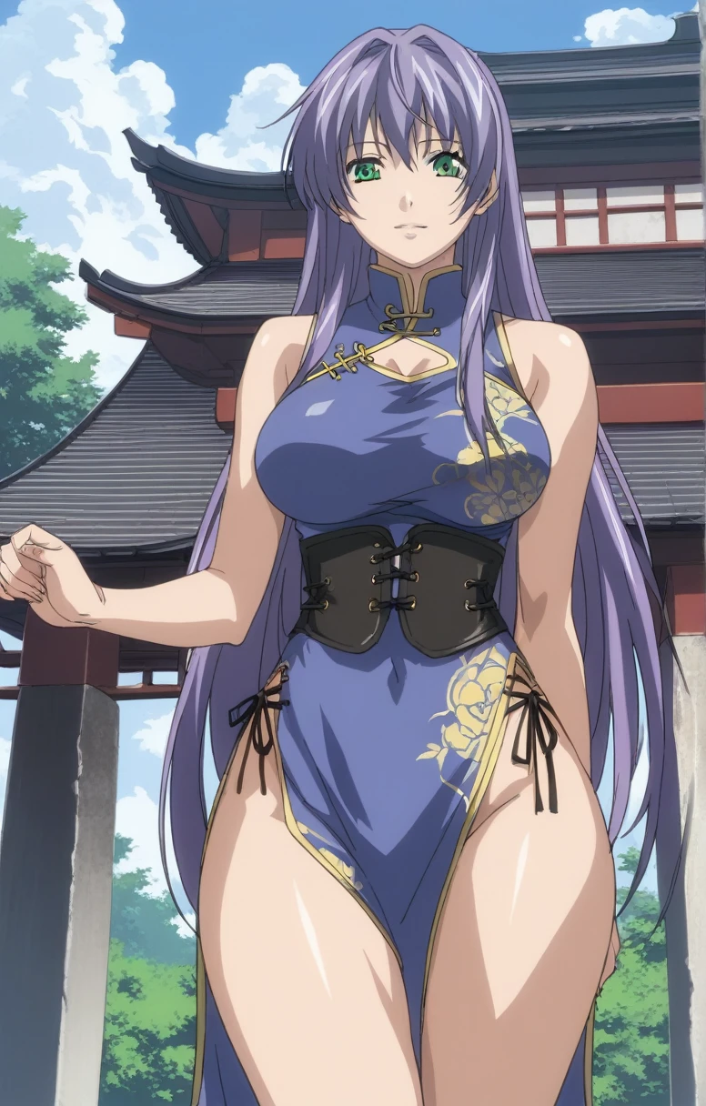 best quality,masterpiece,looking at viewer,absurdres,1girl,score_9,score_8_up,score_7_up,source_anime BREAK sasha,green eyes,purple hair,long hair,large breasts,china dress, side slit, high slit, cross-laced slit,absolute field, thighs,east asian architecture,outdoor, sunny, natural light