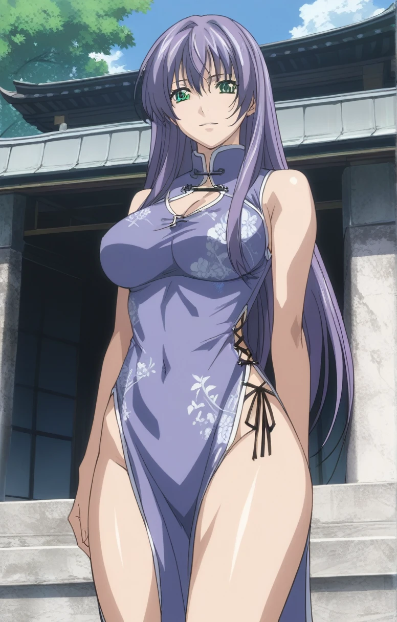 best quality,masterpiece,looking at viewer,absurdres,1girl,score_9,score_8_up,score_7_up,source_anime BREAK sasha,green eyes,purple hair,long hair,large breasts,china dress, side slit, high slit, cross-laced slit,absolute field, thighs,east asian architecture,outdoor, sunny, natural light