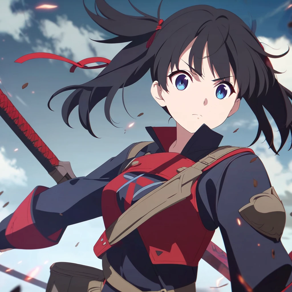 girl, anime, warrior, short hair with red and blue lines, pretty eyes, black hair, full leather, YOUNG, with a fringe in front, epic, with pigtails, warrior clothing