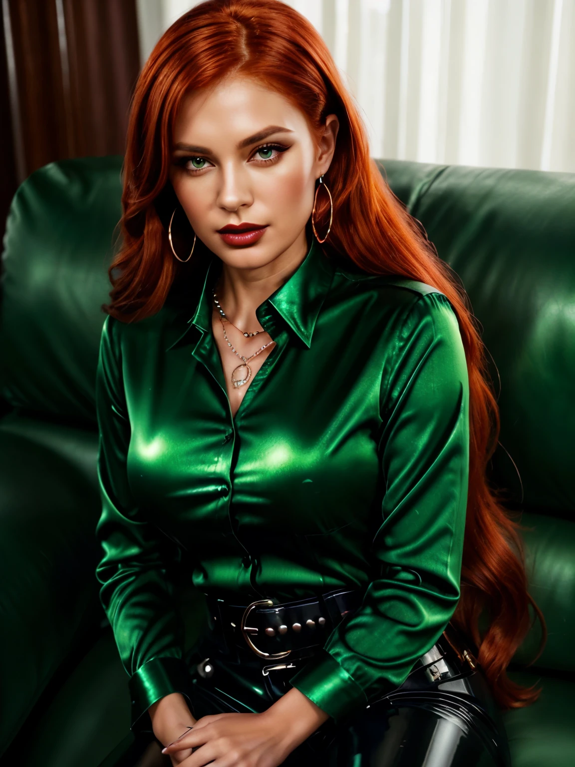 (1girl:1.34), (face and upper body view: with face and hair fully visible:2.3), (solo), (realistic photography), (elegant redhead dominant woman sitting on a couch wearing formal dark green shiny long sleeved satin collared shirt strictly buttoned all the way up :2.3), (wears one long sleeved dark green collared satin shirt:2.2), (wears one large black pvc belt with silver buckle :1.72), (her left hand caresses her belt:1.71), (wears one pearl necklace:1.63), (her right hands caresses her necklace:1.62), (wears long black glossy patent leather trousers:1.5), (looking at the camera with intense dominant eyes:1.44), (long straight red hair:1.43), (asymetric hairstyle:1.42), (clear white skin:1.41), (brown eyes:1.34), (latina type eyes:1.33), (slim body, medium breasts:1.32), heavy sophisticted make-up, deep dark eye shadow, thick lips, (dark shiny glossy lipstick:1.25), hourglass figure, seductive face, large round hoop silver earrings, soft volumetric lights, intricate details, (ArtStation:1.2)