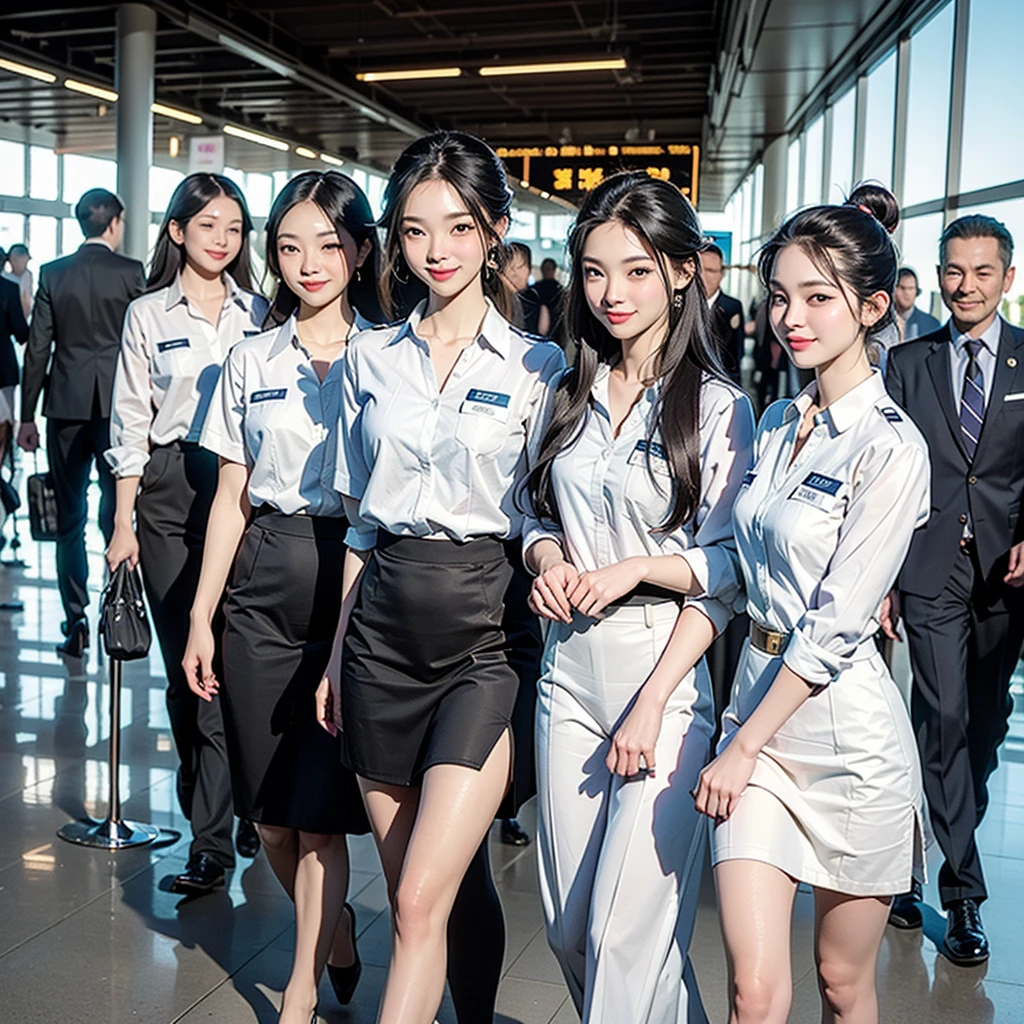 ((Highest quality、Tabletop、8K、Best image quality、Hyperrealism))、(5 female ground staff、Group of women walking side by side、Several women walking together、A group of stewardesses walking together、Cowboy Shot、5 people wearing the same uniform、Photo from the waist up)、((Location: Airport Plaza...、Five women walking through the airport、A perfectly detailed airport interior、Super detailed airport plaza))、((perfect stewardess uniform、Hair Bun))、Biggest Smile、white big teeth、Perfect Makeup、Long eyelashes、Look at me、Have the best smile、Perfect Anatomy、The lighting is very bright
(((Bra is visible)))