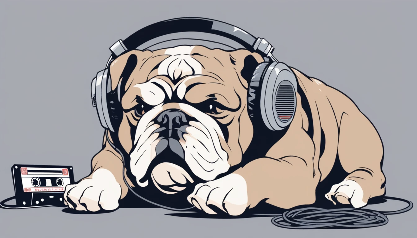 cassette tape、現実的なcassette tapeの大きさ、正面を向いたcassette tape、bulldog、Lying down、Gray background、headphone