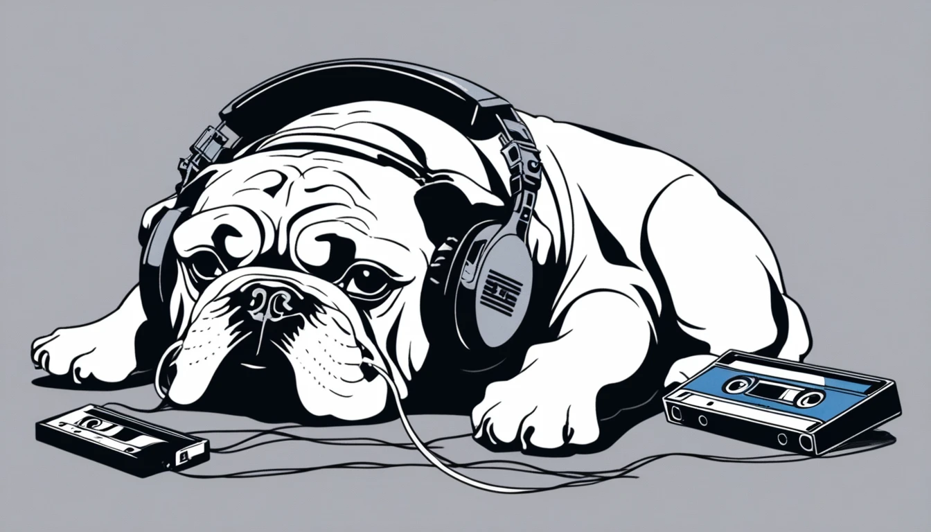 cassette tape、現実的なcassette tapeの大きさ、正面を向いたcassette tape、bulldog、Lying down、Gray background、headphone