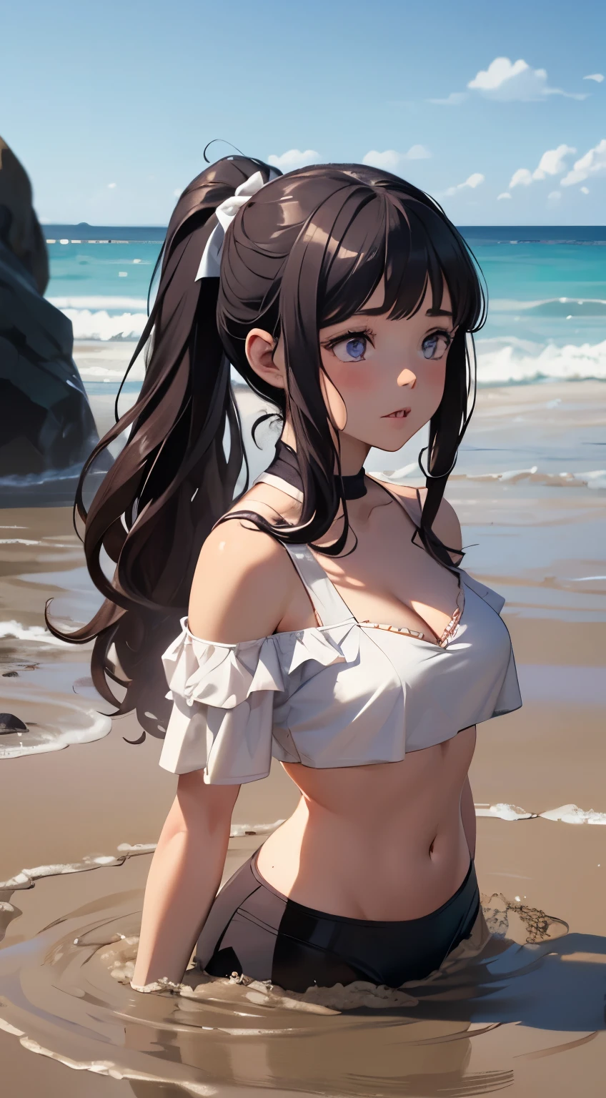 1girl, masterpiece, highly detailed, absurd res, illustration, (tomoyo), cleavage, medium breasts, (aged up), standing, glosdy lips, detailed face, beautiful detailed eyes, ponytail, beach, crop top, off the shoulder, shicked, surprised, tears in her eyes, (quicksand, partially submerged)